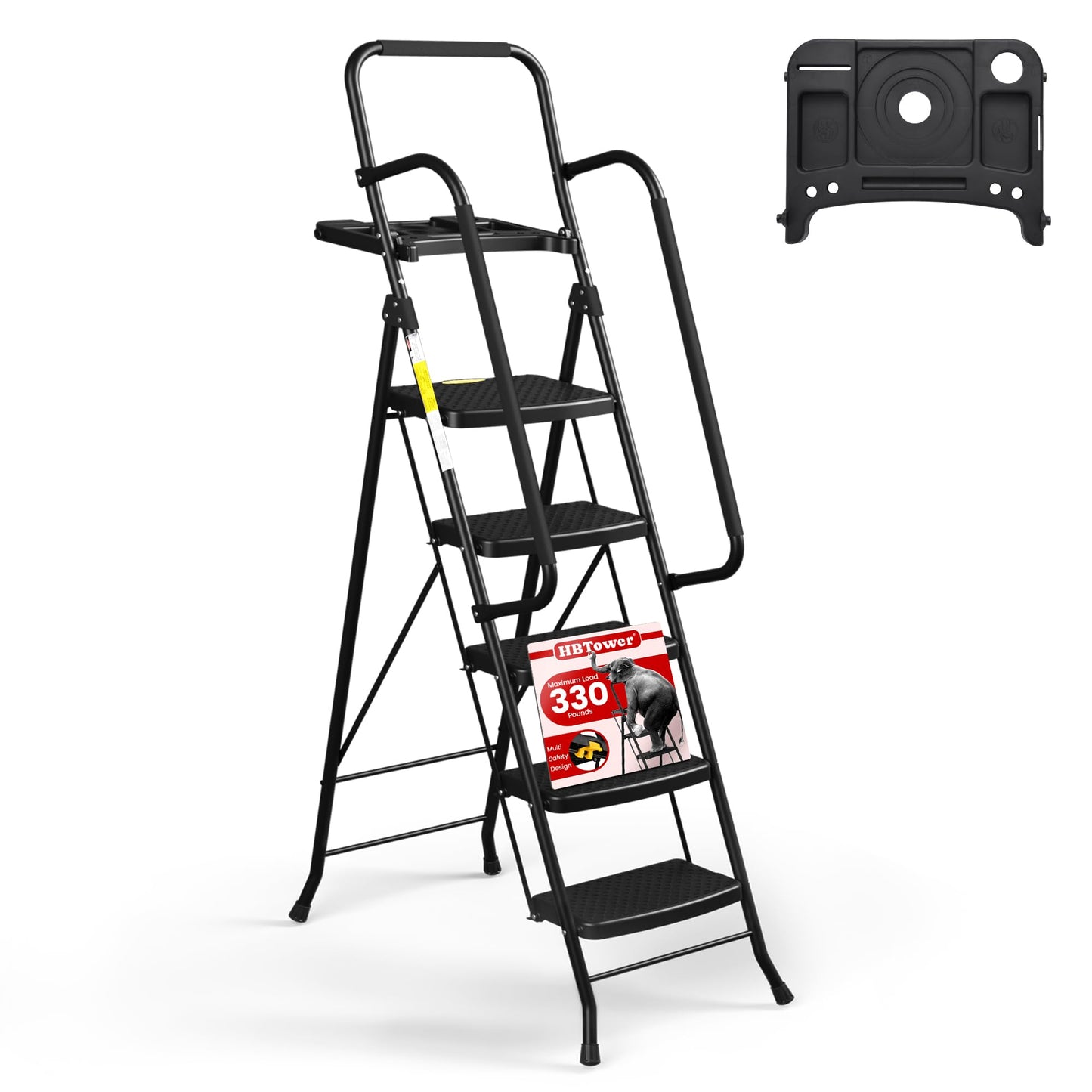 HBTower 5 Step Ladder, Folding Step Stool with Wide Anti-Slip Pedal, Tool Tray & Handrails, 330lbs Capacity for Home and Kitchen, Black