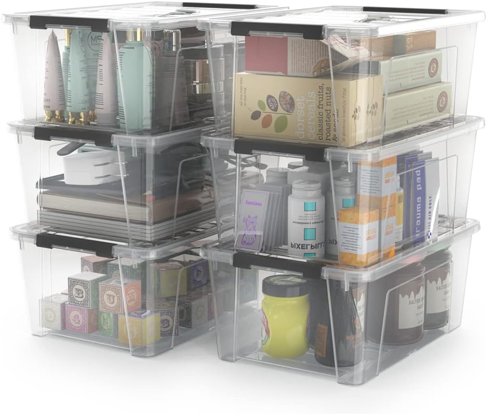 WYT Clear Storage Latch Bins - 6-Pack Organizer Boxes with Handles & Lids | 5-Litre Capacity