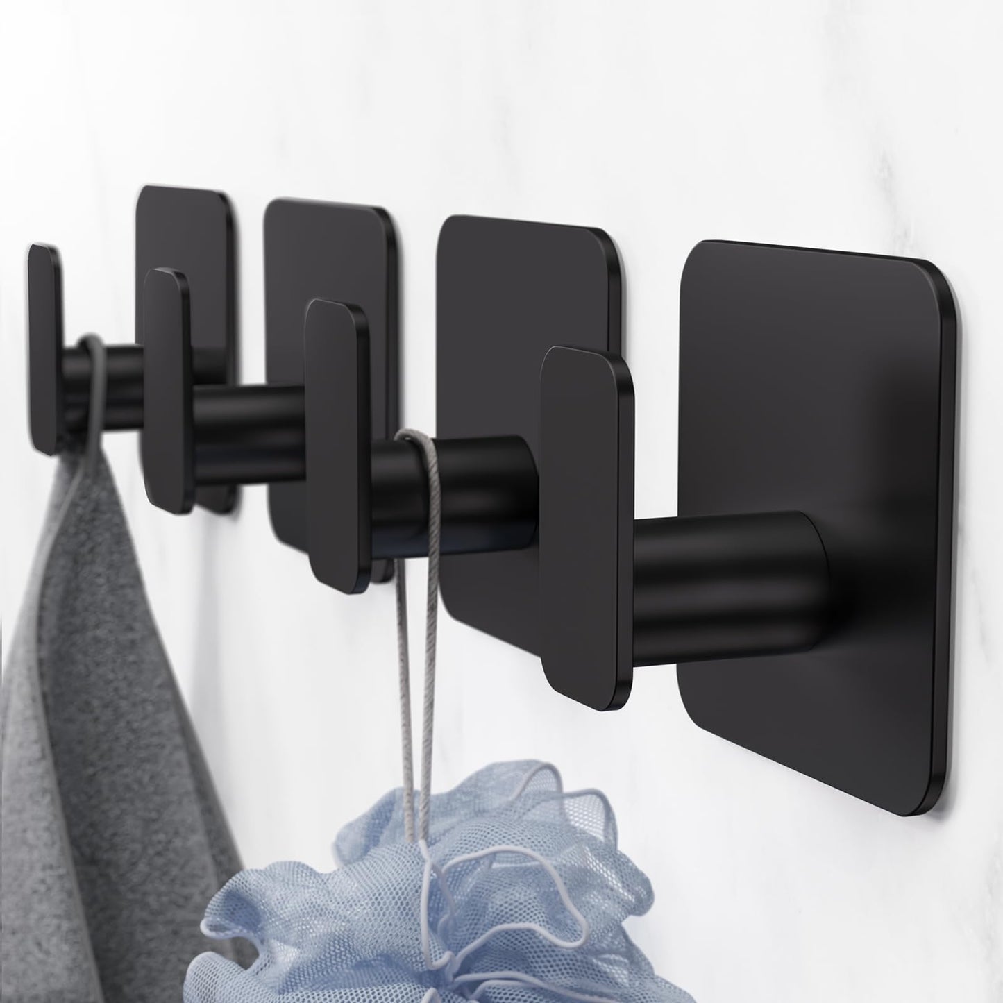 Aikzik Black Hooks for Hanging Heavy Duty, Adhesive Hooks for Shower, Bathroom, Kitchen, Robe, Towel, Coat, Waterproof & Rustproof Hook for Walls No Damage, Sticky Wall Towel Hooks - 4 Pack