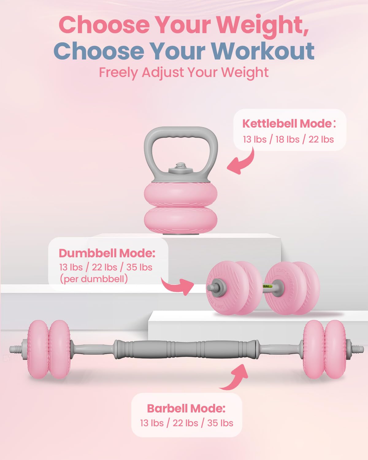 kisnbld Adjustable Dumbbell Set, 13/18/22/35LBS SoftShell Weight Set with Connector 4-IN-1 Dumbbell Set Used as to Barbell & Kettlebell for Home Gym, Fitness Exercise for Men Women Beginners, Pink