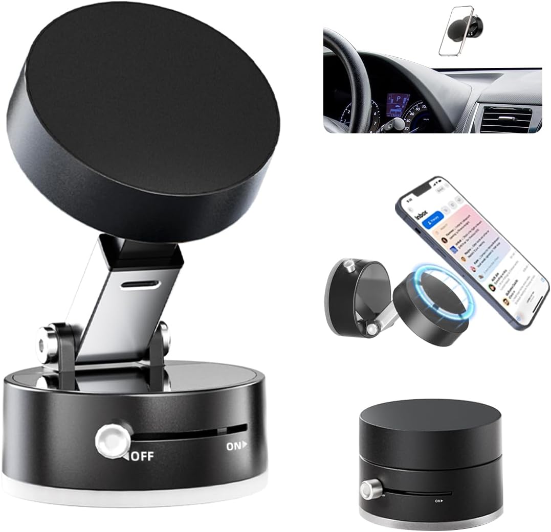AUKSKY 17 16 15 14 13 12, Vacuum Magnetic Phone Holder, Foldable Car Mount with Windshield Suction Cup & Metal Ring