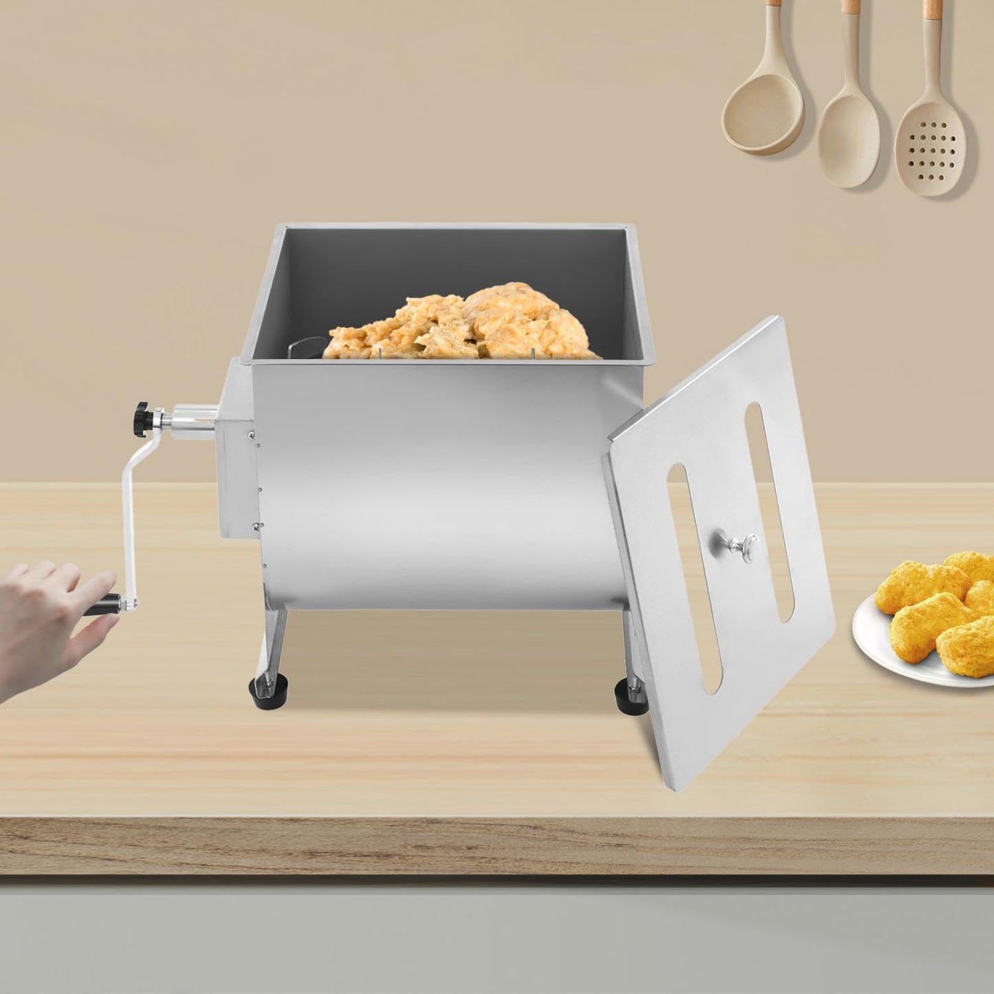 44 lbs Manual Meat Mixer, Stainless Steel Commercial Sausage Mixer Machine with Cover and Easy-Turn Crank for Home Kitchen, Restaurants Effortless Meat Mixing, Silver