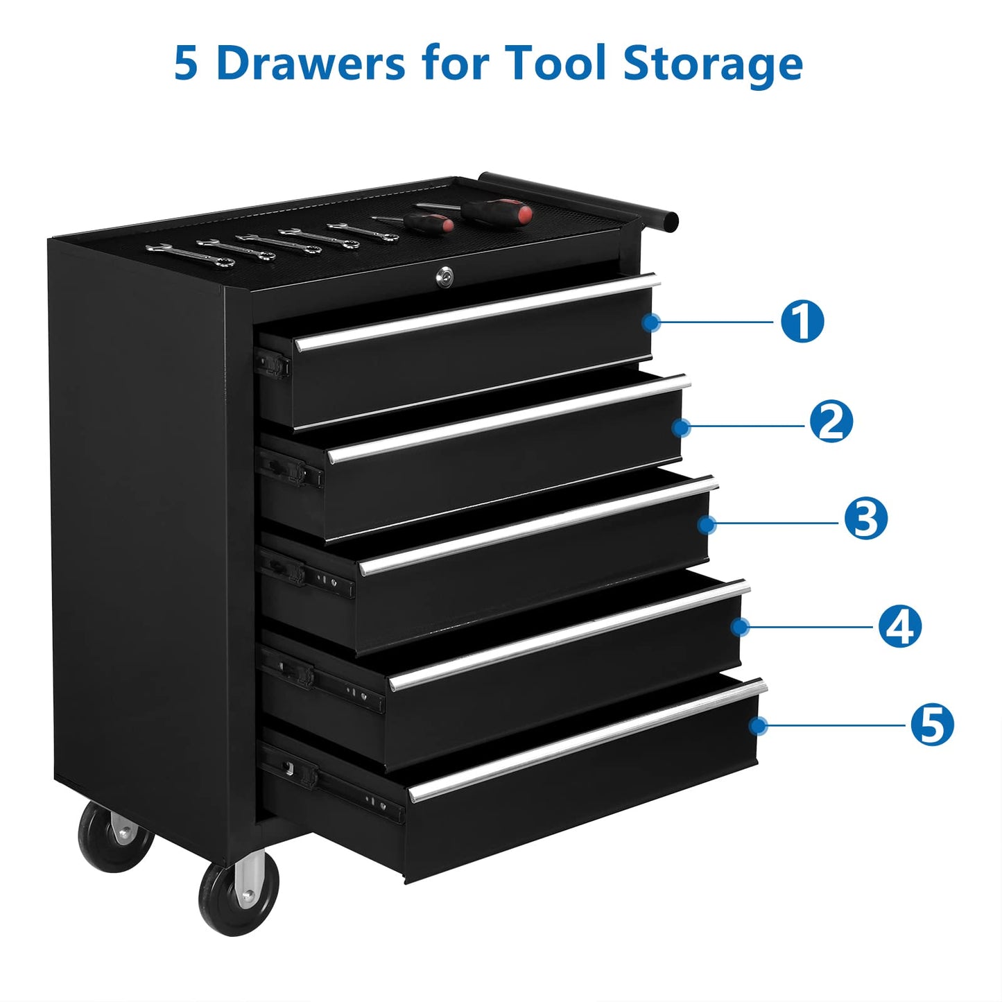 TUFFIOM 5-Drawer Rolling Tool Chest w/Drawers & Lock, Tool Storage Cabinet with Lockable Wheels, Top Cushion & Drawer Liners, Tool Organizer Box for Garage, Warehouse & Repair Sho