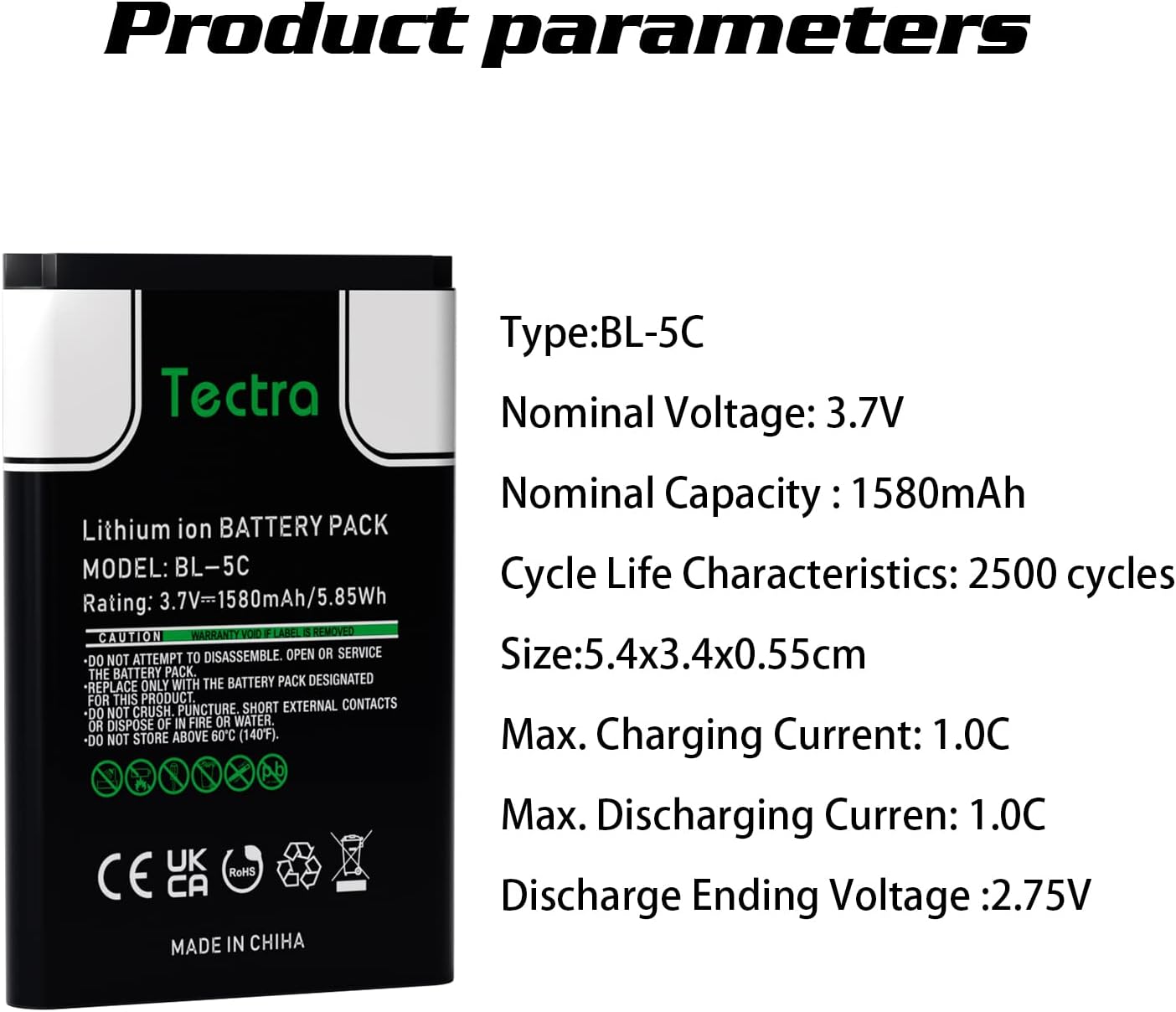 Tectra 2-Pack BL-5C 1580mAh Rechargeable Batteries