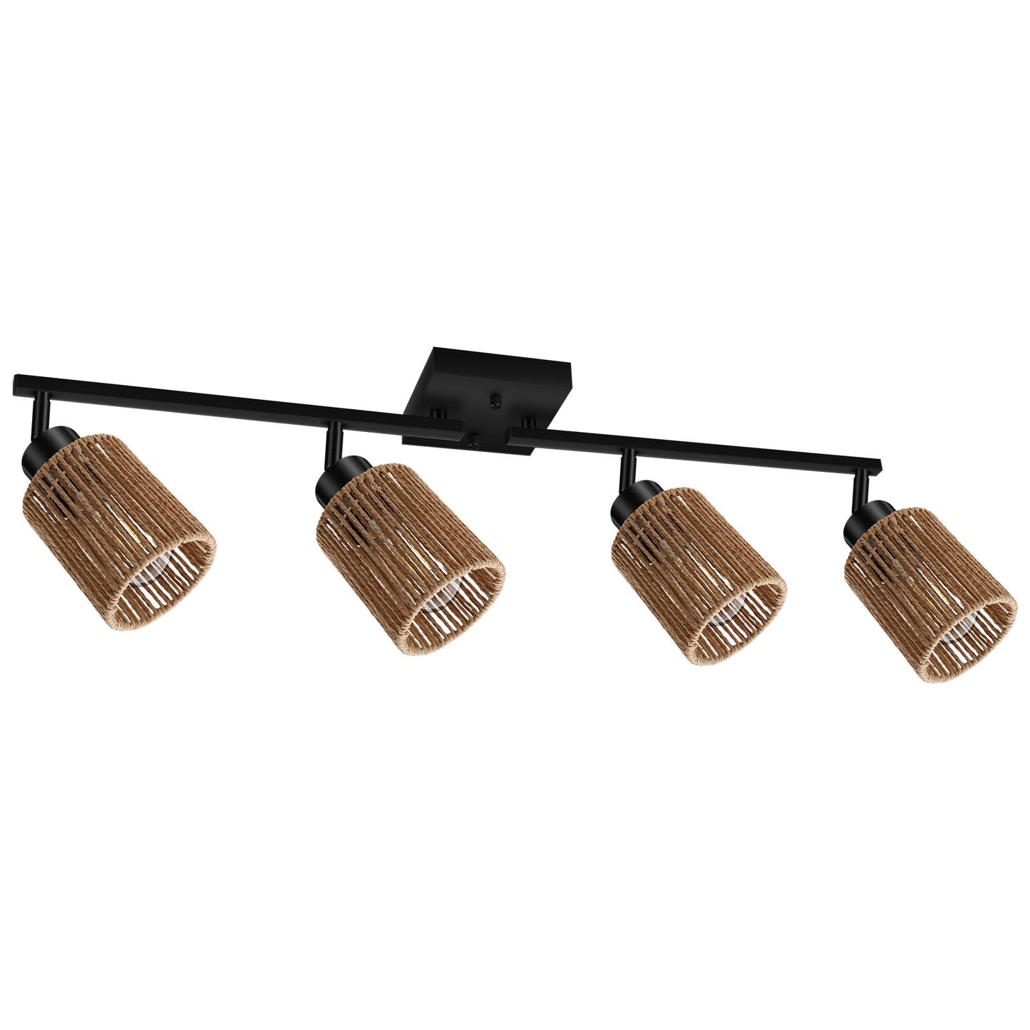 BoostArea 4 Light Track Lighting Kit, 4 Way Ceiling Spot Lighting with Handwoven Hemp Rope Lampshade, Flexibly Rotatable Light Head for Kitchen, Living Room, Bedroom, Bulb Not Included