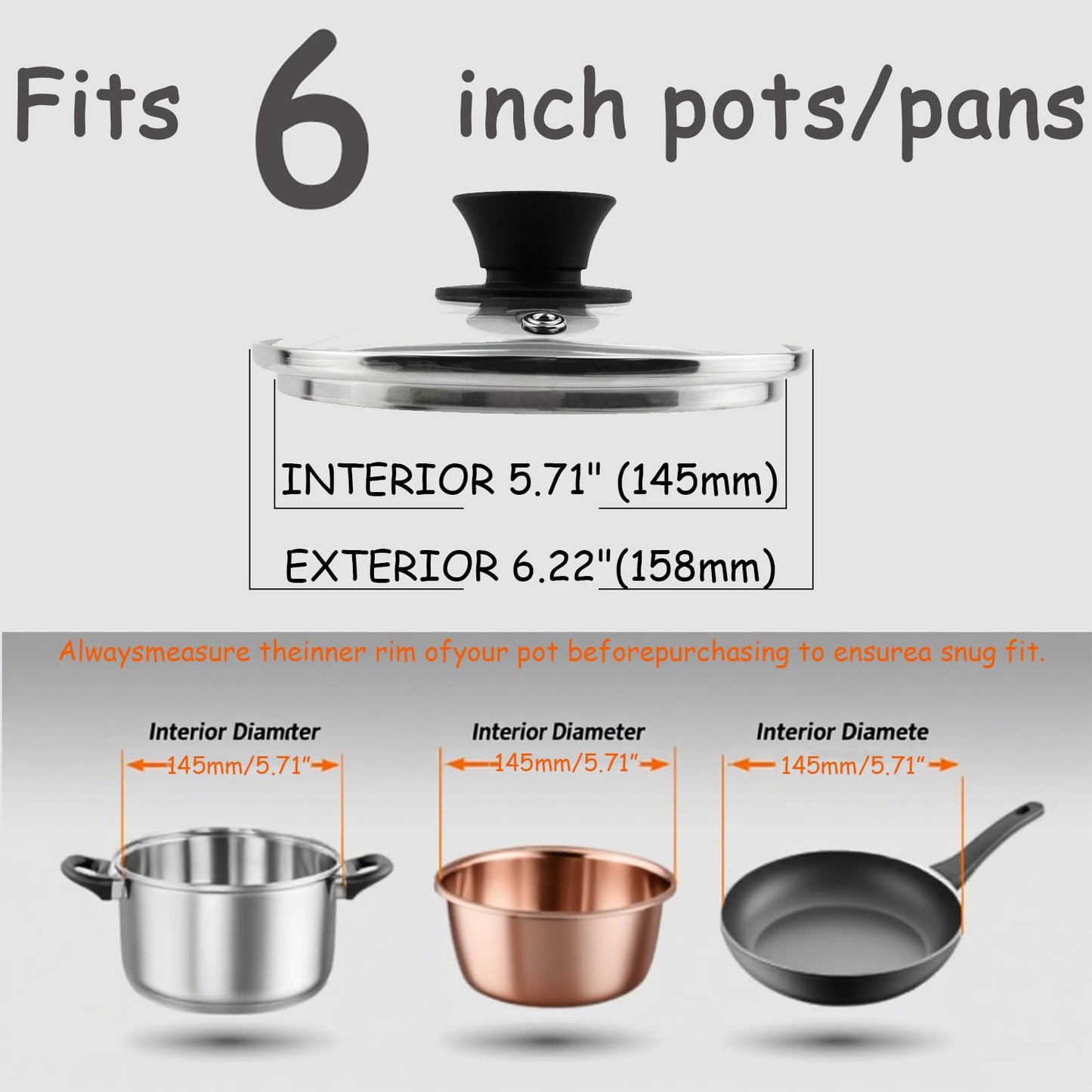 HEVSTIL Universal Lid for Pots, Pans and Skillets,6inch /15cm Clear Glass Pot Lid with Heat Resistant Silicone Handle Glass Replacement Lid for Frying Pan, Frying Pans,Pan Lid, Cast Iron, CrockPot