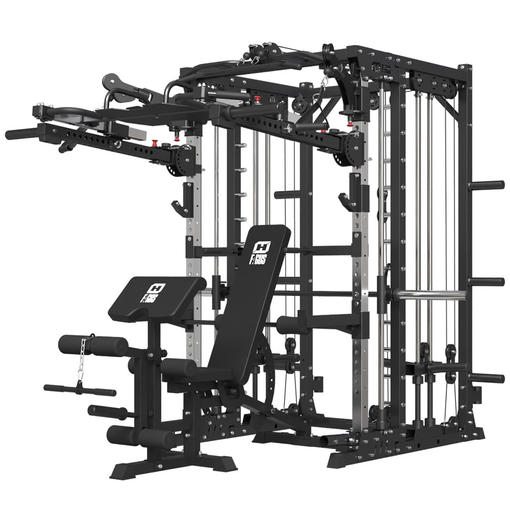 FAGUS H Commercial Smith Machine with Weight Bench Combo, 4000LB Power Cage Squat Rack with Lever Arm, Leg Press, Multi-Function Linear Bearing Cable Crossover Machine for Home Gym, Black