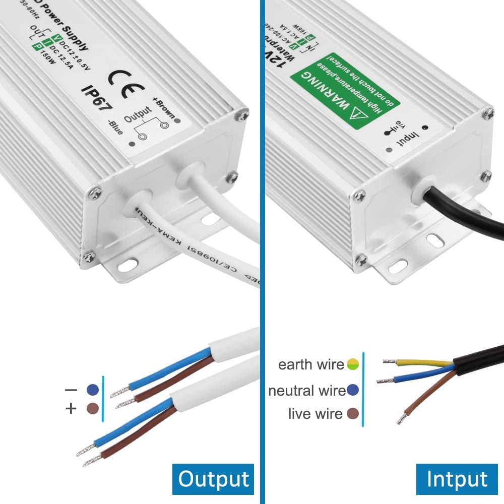 12V 12.5A 150W IP67 Waterproof Power Supply AC-DC Converter for CCTV Surveillance, LED Display, Outdoor Light and More
