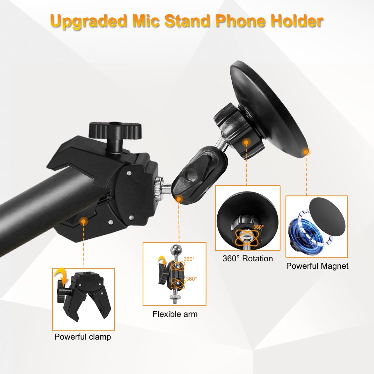 Khazylorr Mic Stand Phone Holder, for MagSafe Clamp Mount Phone Holder Handlebar, 360° Swivel Magnetic Microphone Stand Phone Mount Clip for iPhone 16 15 14 MAX Pro Samsung Galaxy Any Smartphones