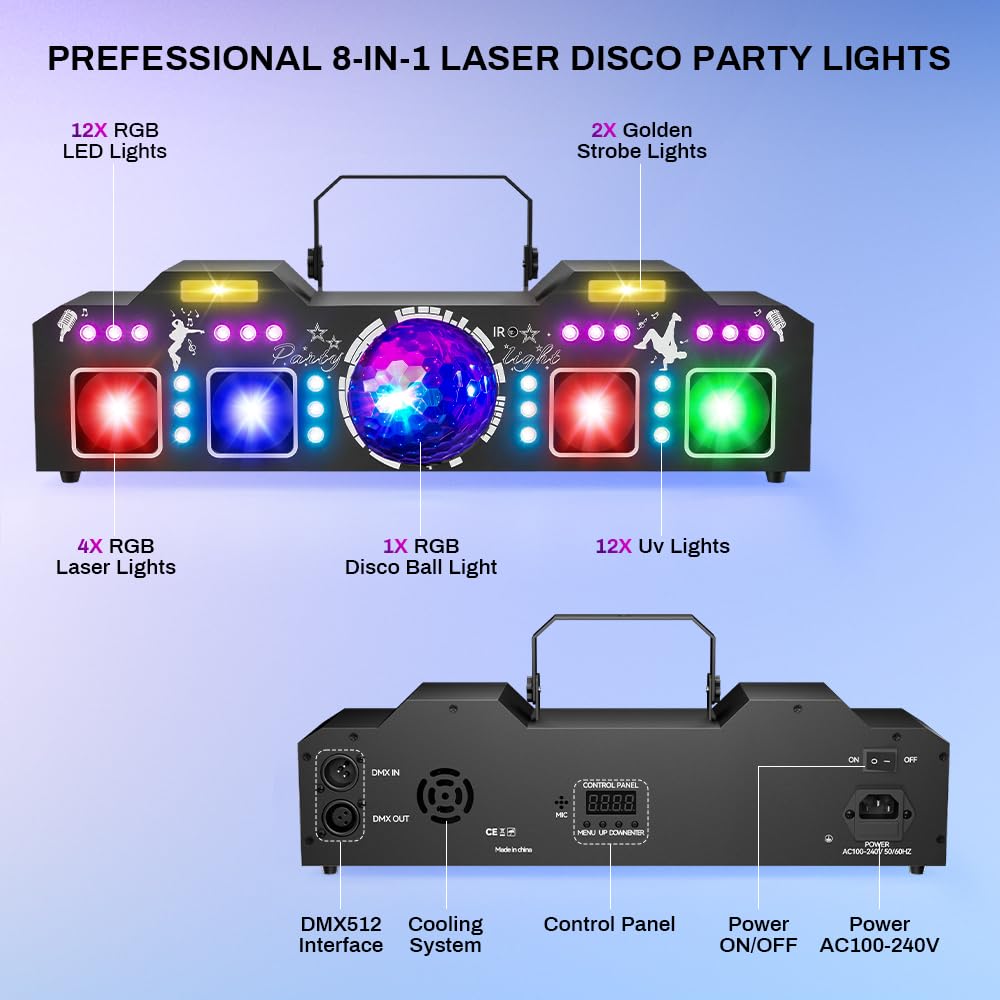 EYTSE DJ Lights for Parties, Pro 8 in 1 DMX512 Laser Light Show with Disco Ball Light, RGB and Gold Strobe,UV Black Lights-Sound Activated LED Lighting for Home, Karaoke, Clubs, Gigs, and DJ Lighting