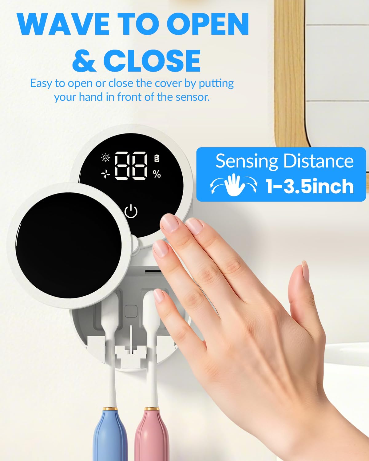 Toothbrush Sanitizer Holder, GEVOODIX Tooth Brush Holder for Bathroom, Wall-Mounted Toothbrush Holders Organizer Auto-Inductive Cover, 140℉ Air Drying Fits Most Electric, Manual and Kids’ Toothbrushes