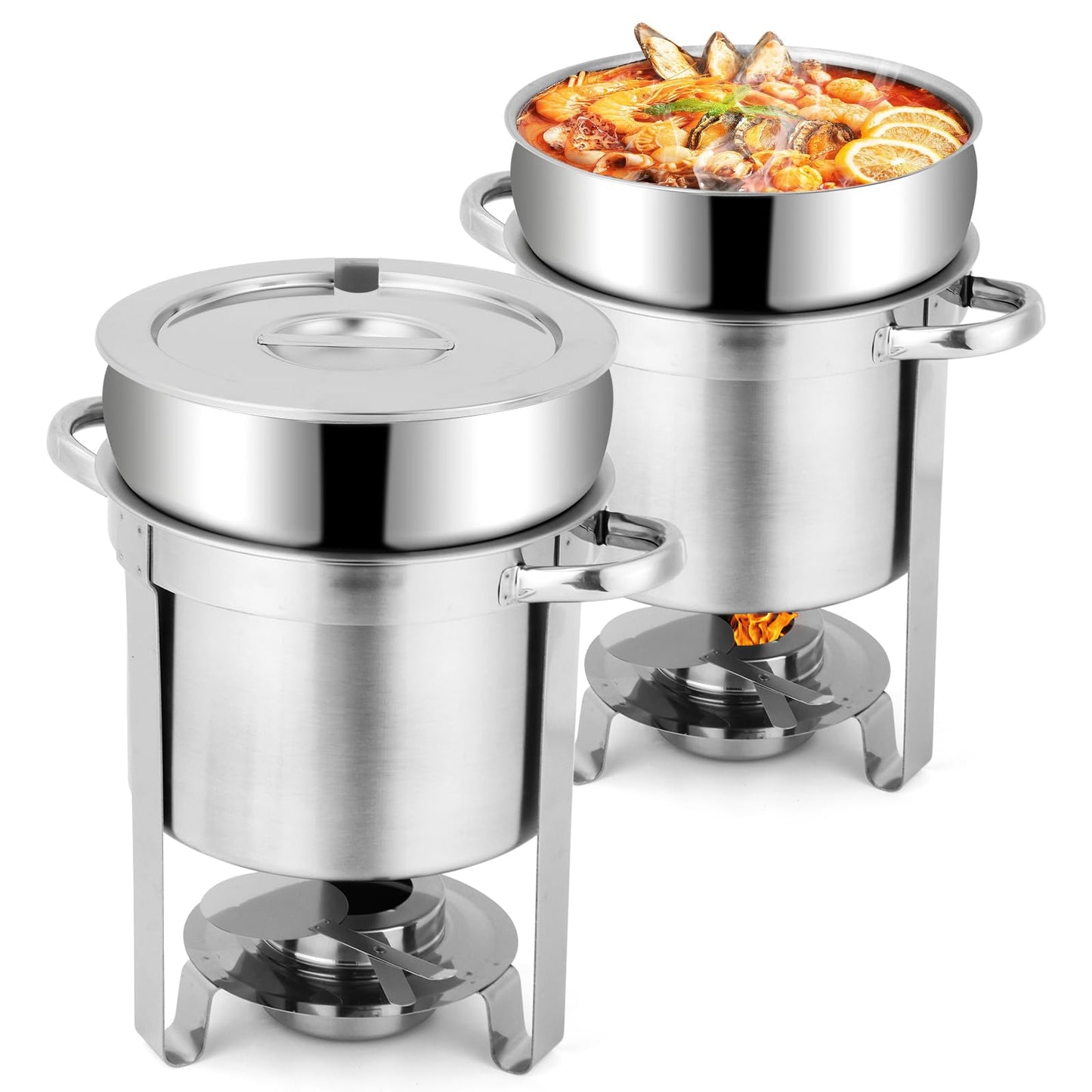 Snowtaros 7QT Soup Chafer, Stainless Steel Round Soup Warmer with Pot Lid & Fuel Holder, Commercial Soup Pot Chafing Dish for Catering, Parties, Banquets, Events, No Electricity Required (2 Pack)