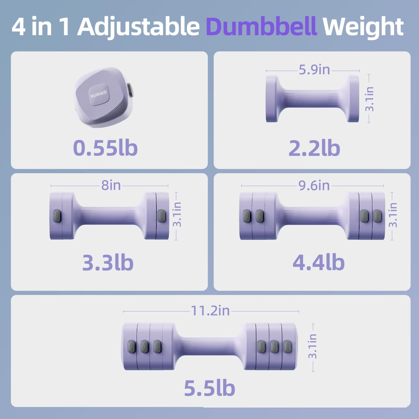 Lightweight Adjustable Dumbbell Kettlebell Set - 4 in 1 Free Weight Set with Kettlebell Grip Converter, Each 2.2 3.3 4.4 5.5lb Quick Change Weight Women Dumbbell Set for Small Spaces Home Gym