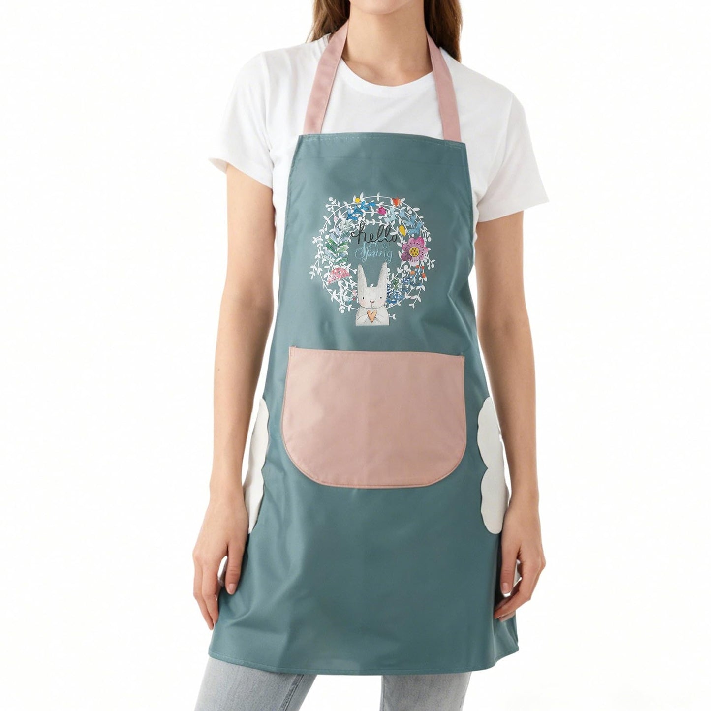 DILLMAN Women Kitchen Apron with Hand Wipe Pockets,Big Pocket,Hand-wiping, Waterproof for Cooking Baking (Blue + Pink)