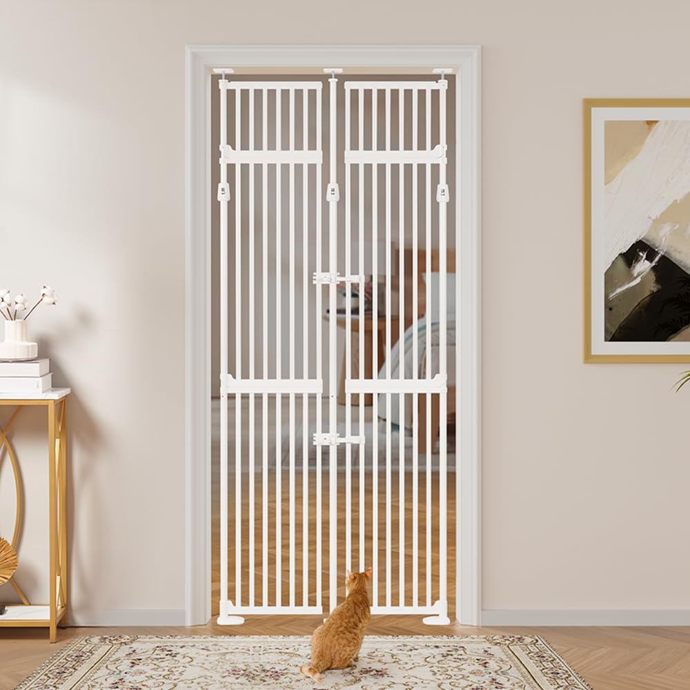 unipaws 86" High Extra Tall Cat Gate, Auto Closing and No Drilling Safety Gate for Doorway Hallway Stairs, Cat Dog Proof, Fit for 35"-38" Wide Opening, Indoor Use, White