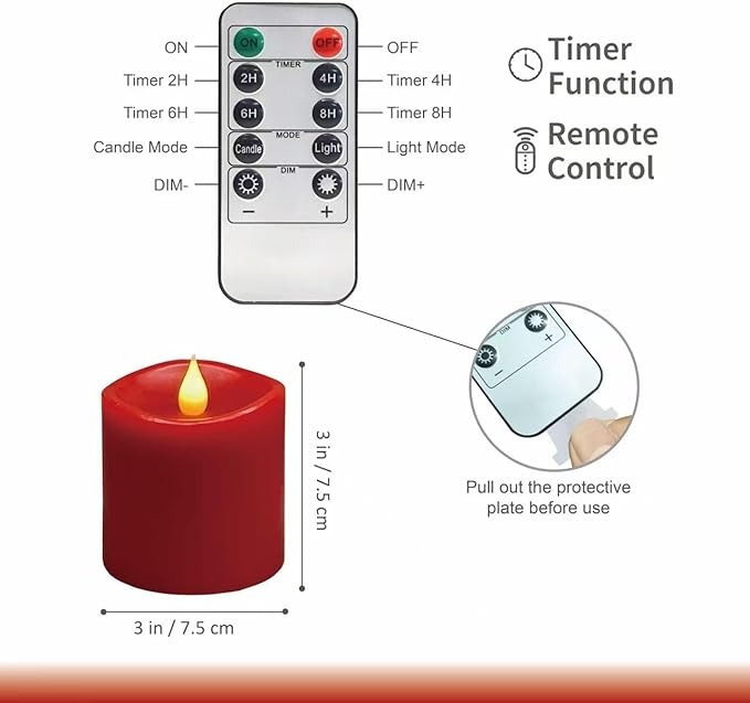 Red Flameless LED Candles 3 inch Diameter Real Wax 2AA Battery Operated 600hr+ Flickering Candles with Timer Remote Control for Halloween Thanksgiving Christmas Wedding Indoor (Red, 3″×3″- 2 PCS)