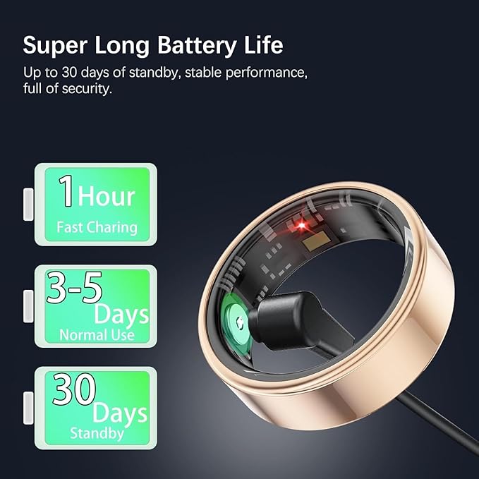 Smart Health Rings for Women Men, Fit Ring with Heart Rate, Blood Oxygen, HRV, Sleep Tracker, Step Tracker, No Subscription Fee, IP68 Waterproof Smart Ring for iPhone & Android (Gold 7#)