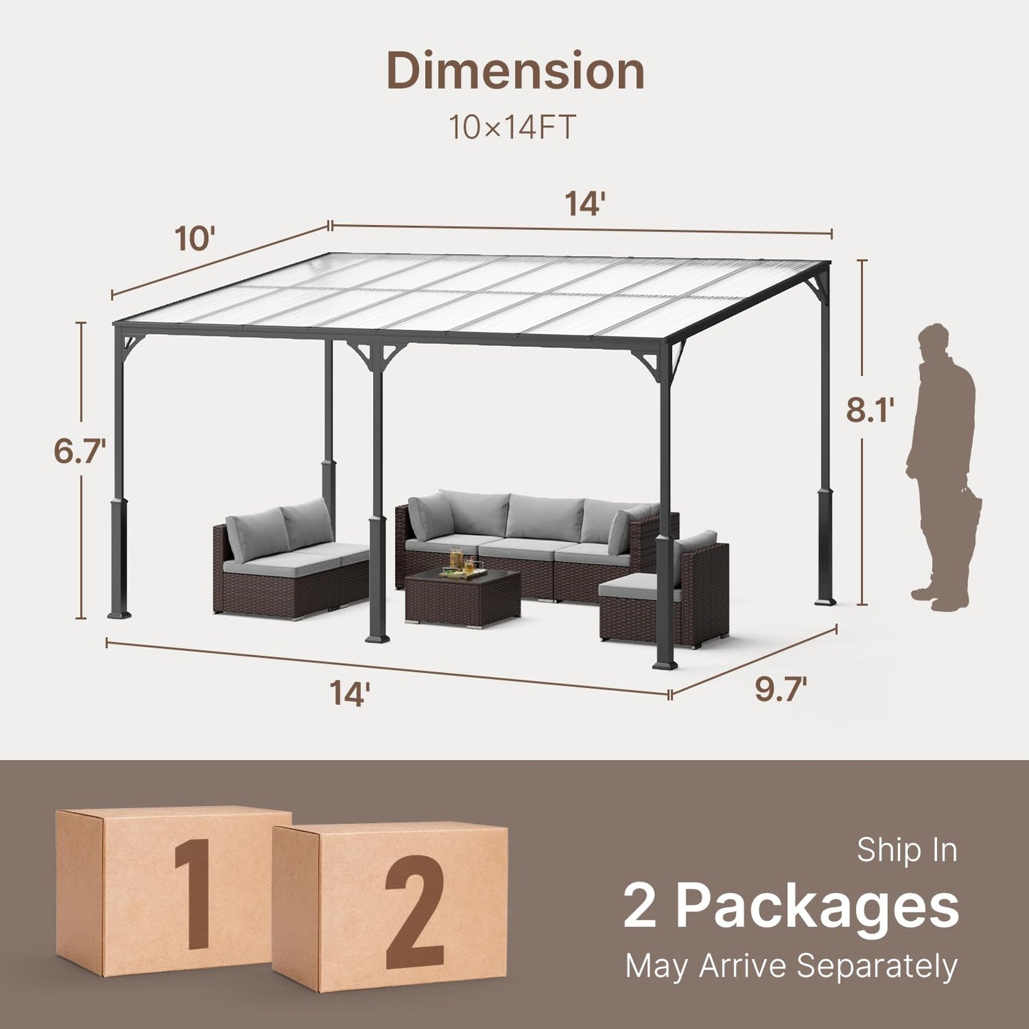 Ahomly 14' x 10' Wall-Mounted Lean-to Gazebo — Weather-Resistant Hard Roof, Reinforced Steel Frame, Heavy-Duty Patio Awning, 140 sq ft Shade for Patio, Deck, Backyard(Grey)