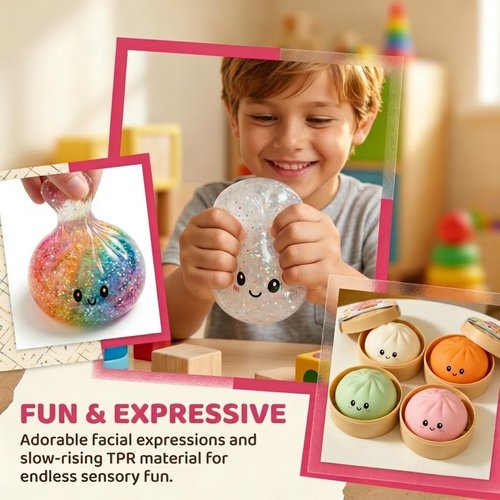 Dumpling Squeeze Toy - Glittery Stress Relief Ball with Steamer Box | Soft Sensory Gift for Kids & Adults (A-Blue)