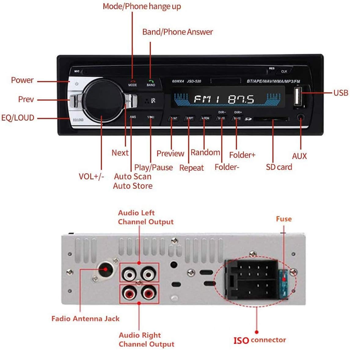 WEPARTICULAR 12V MP3 Single Din Car Stereo Car Radio Receiver Bluetooth Hands-Free, Audio Player USB Port SD Port AUX