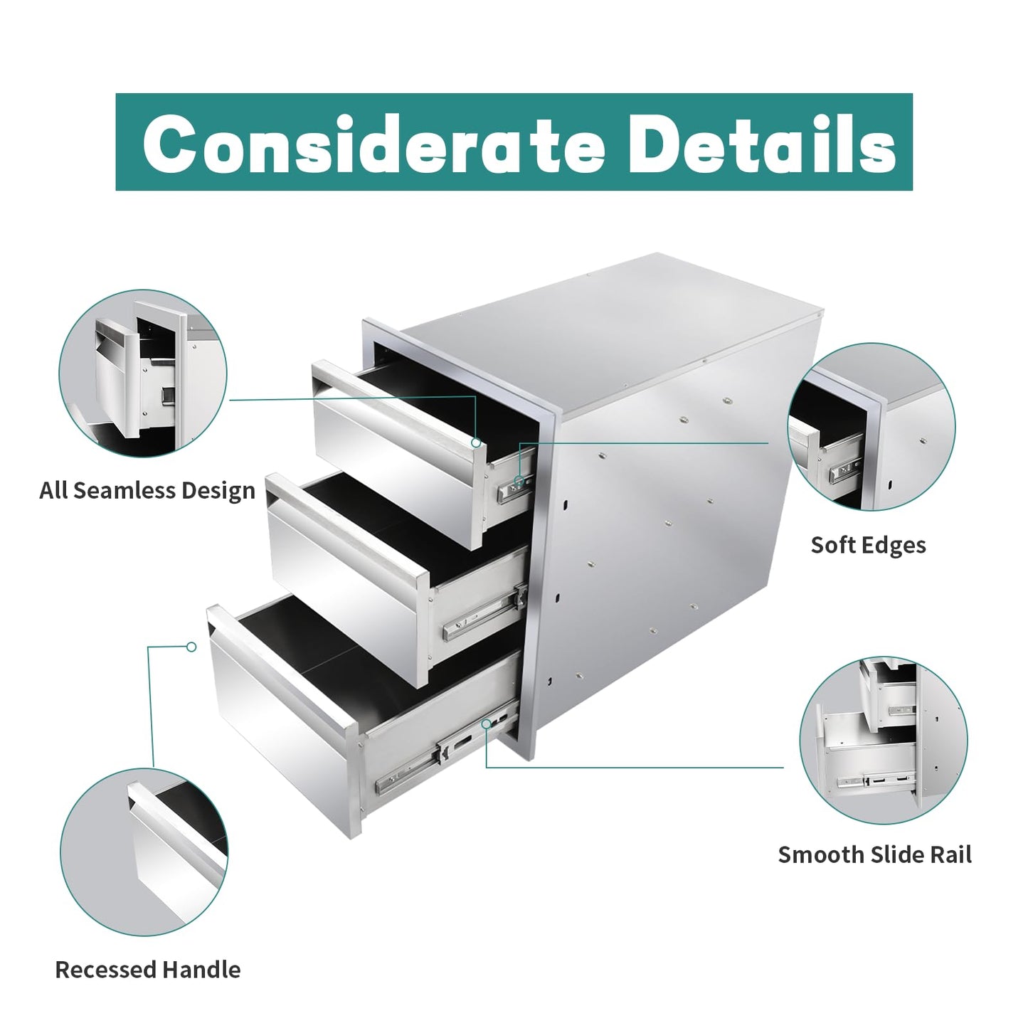 Outdoor Kitchen Drawers 14" W x 21" H x 23" D Stainless Steel Drawer BBQ Triple Drawers with Hidden Handle for Outdoor Kitchen Island, Patio Grill Station