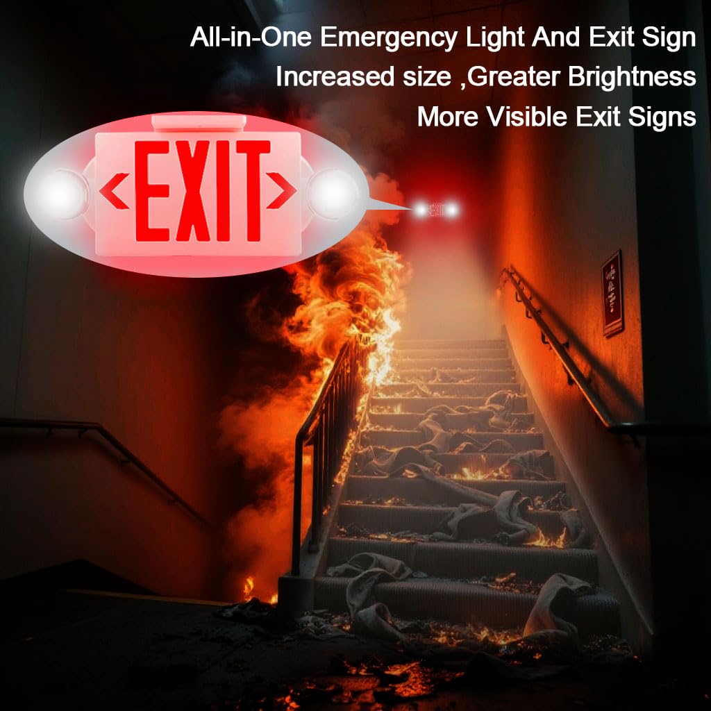 AKT LIGHTING Emergency Exit Light, Adjustable Two LED Head Exit Sign Light, Commercial Emergency Exit Lighting Combo with Back-up Battery for Business UL Certificated(Red, 6 Pack)
