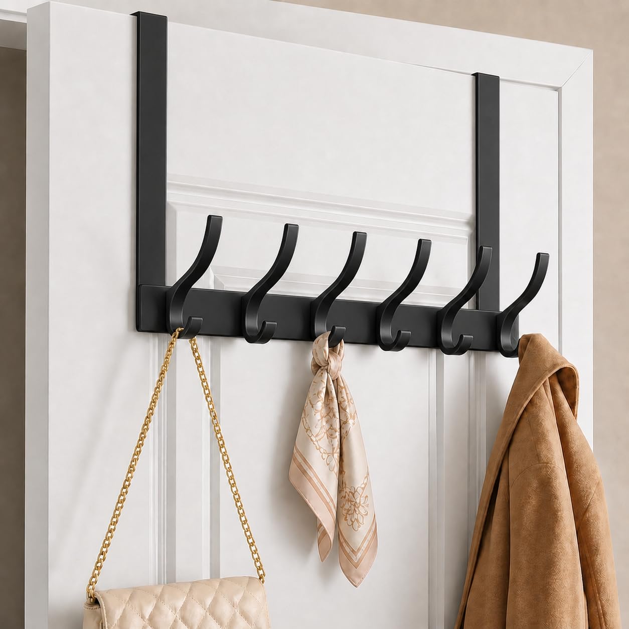 Peasulin 2 Pack Large Over The Door Hooks, Sturdy Door Hanger with 12 Hooks, Door Towel Rack for Bathroom, Bedroom, Kitchen, Coat Rack for Hanging, Easy to Install (Black)