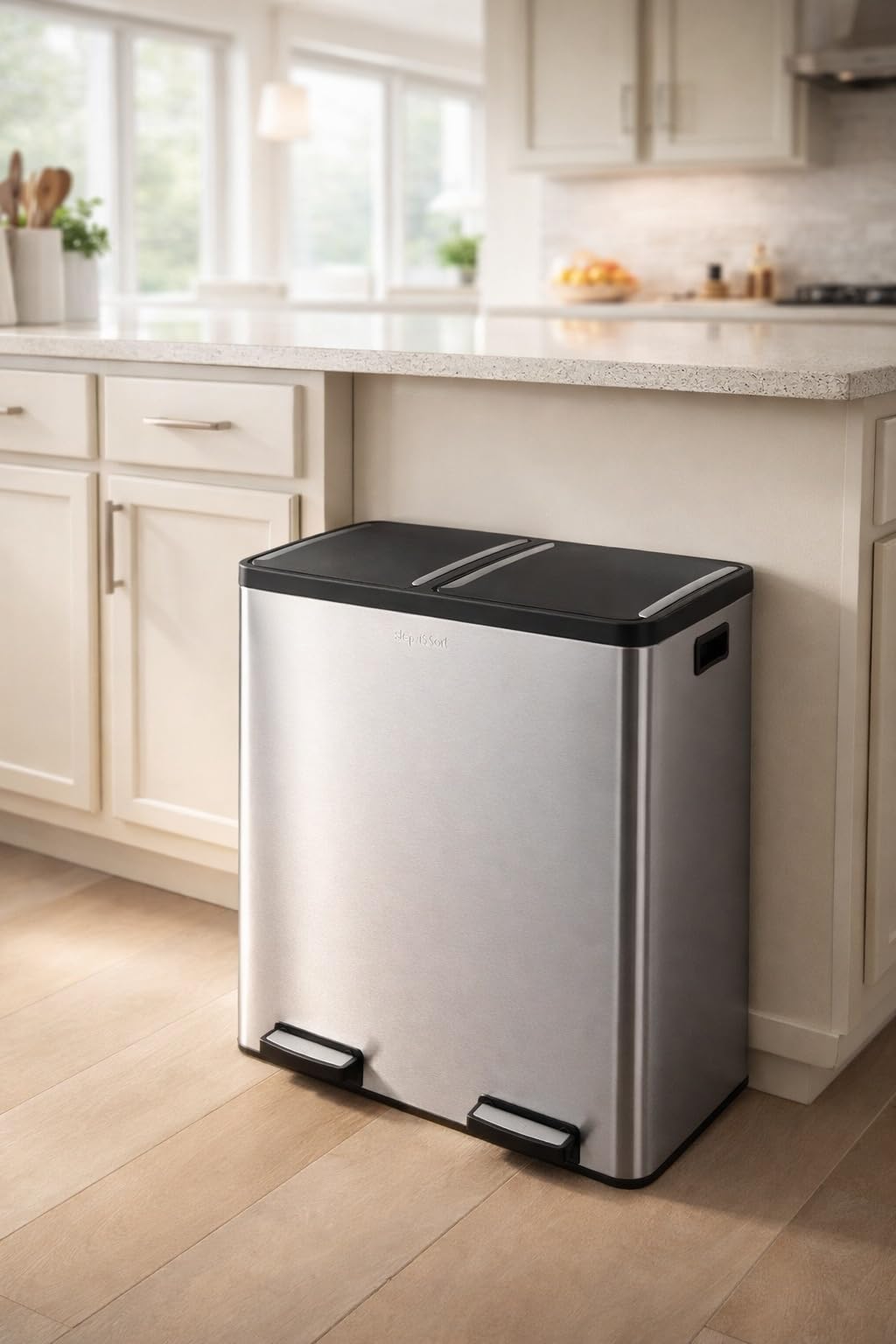 Step N' Sort The 18.5 Gallon Extra Large Capacity, Soft-Step, Dual Trash and Recycling Bin with Removable Inner Bins, Silver