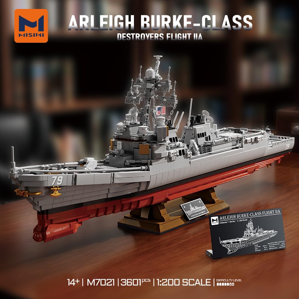 MISINI M7021 Arleigh Burke-Class Destroyer 1:200 Building Blocks Set, 3601 Pieces MOC USN Warship Model, Excellent Battleship Building Toy Gift and Collection for Military Enthusiast and Adult