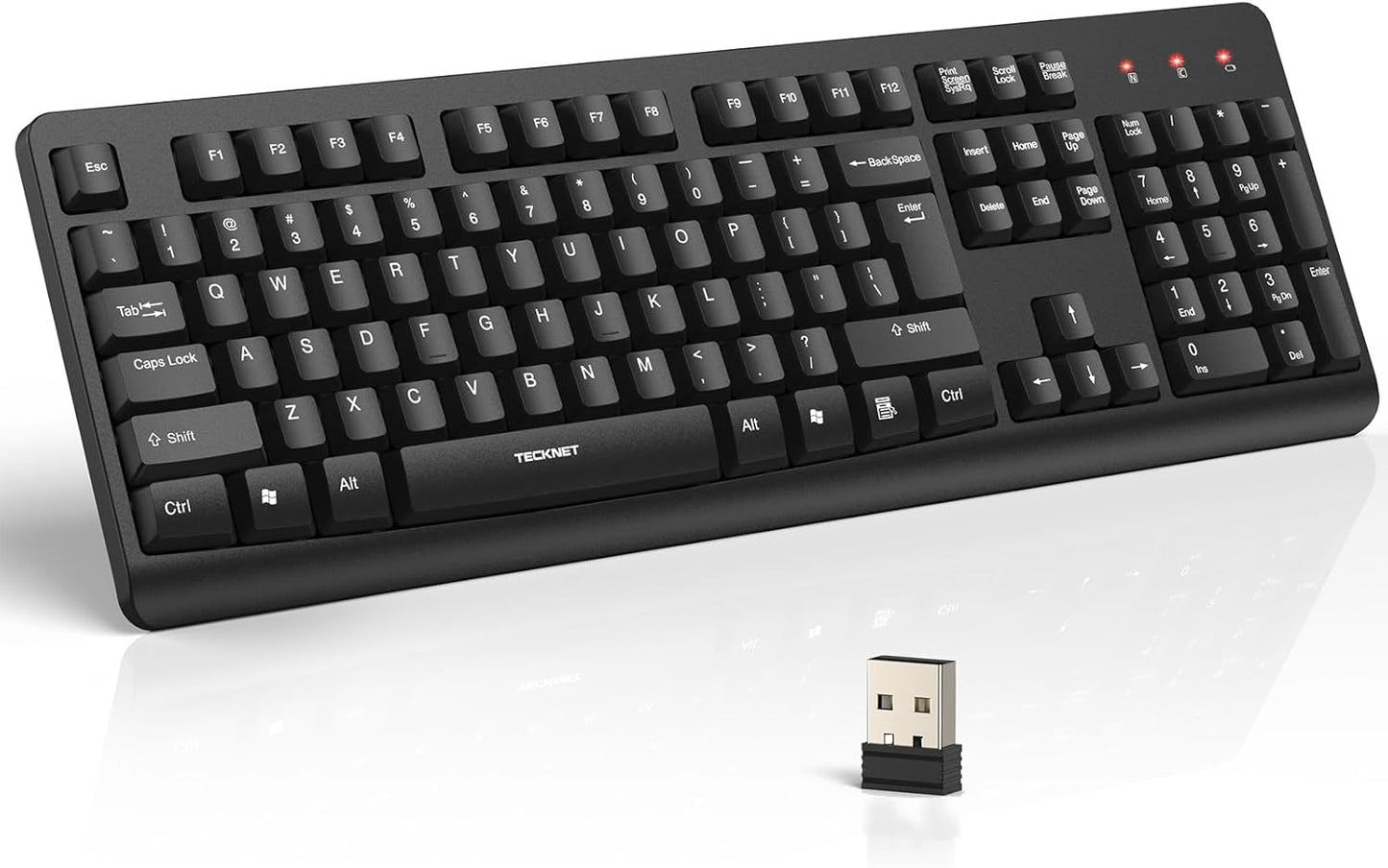 TECKNET 2.4G 11/10/8/7 Wireless Keyboard, Silent Full-Size USB Keyboard with Number Pad, Ergonomic Keys & Adjustable