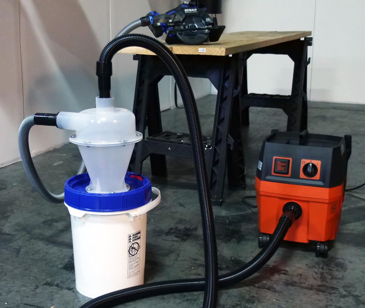 Wall Hung Assembled Quick Click Separator with 5 Gallon Locking Bin and 10 Ft. Commercial Dust Collection Hose