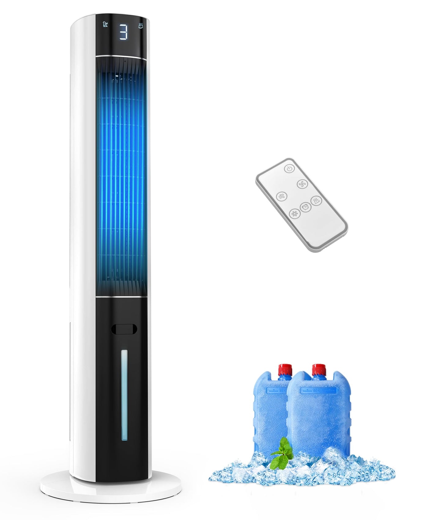 EXNOS Evaporative Air Swamp Cooler - 38inch Cooling Fans that Blow Cold Air for Bedroom, Portable Tower Fan with 3L Water Tank, Ice Packs, Remote Control, 3 Speeds