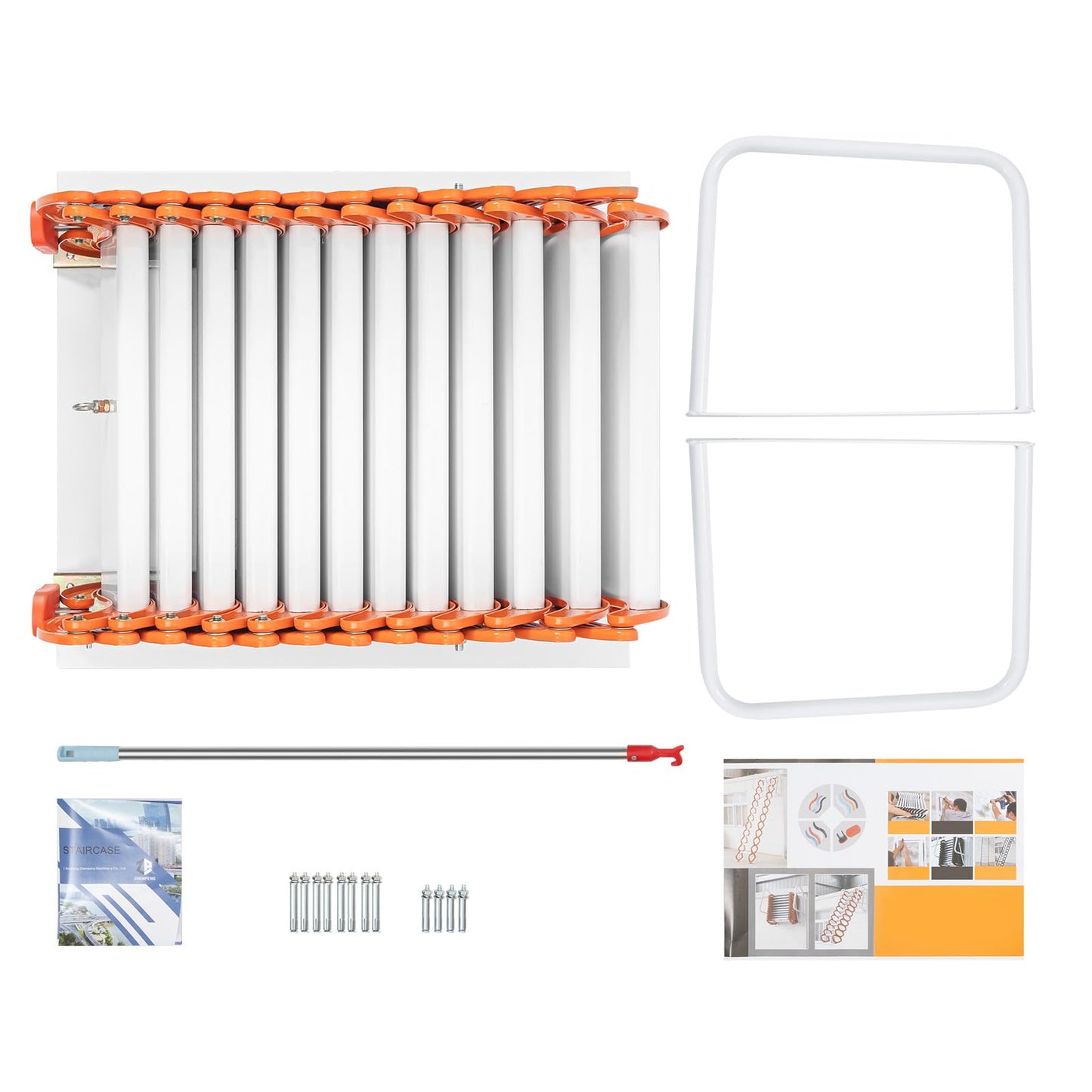 12 Steps Wall Mounted Attic Loft Ladder, Alloy Retractable Telescoping Ladder with Handrails, Folding Ladder Loft Stairs 880lbs Capacity, Attic Pull Down System for Height 9.5-10.17ft, Orange