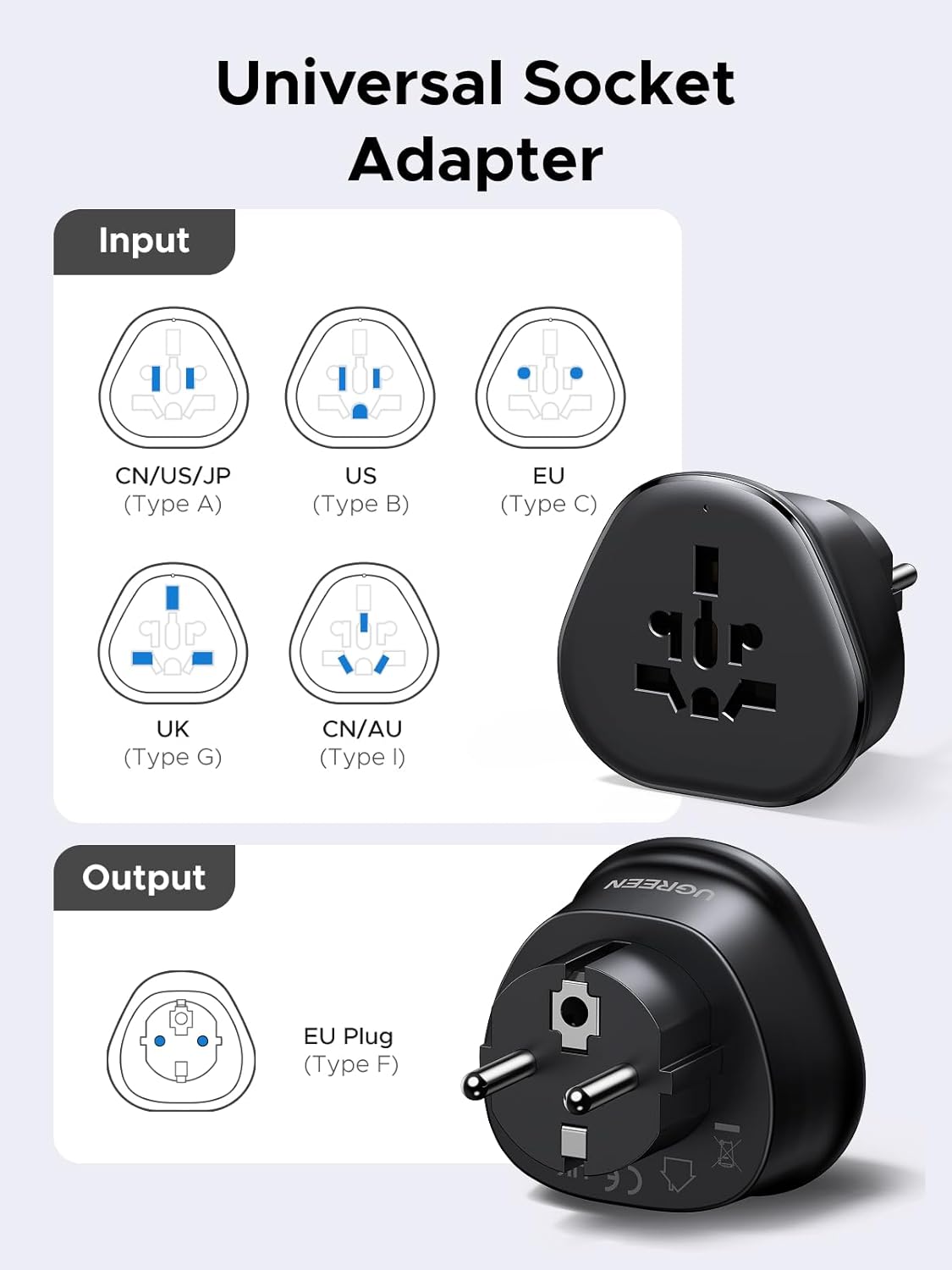 UGREEN 200+ Countries 1 Pack European Plug Travel Adapter, US/UK/CA/MX/AU/JP/CN/NZ/PH to EU (Type F), International