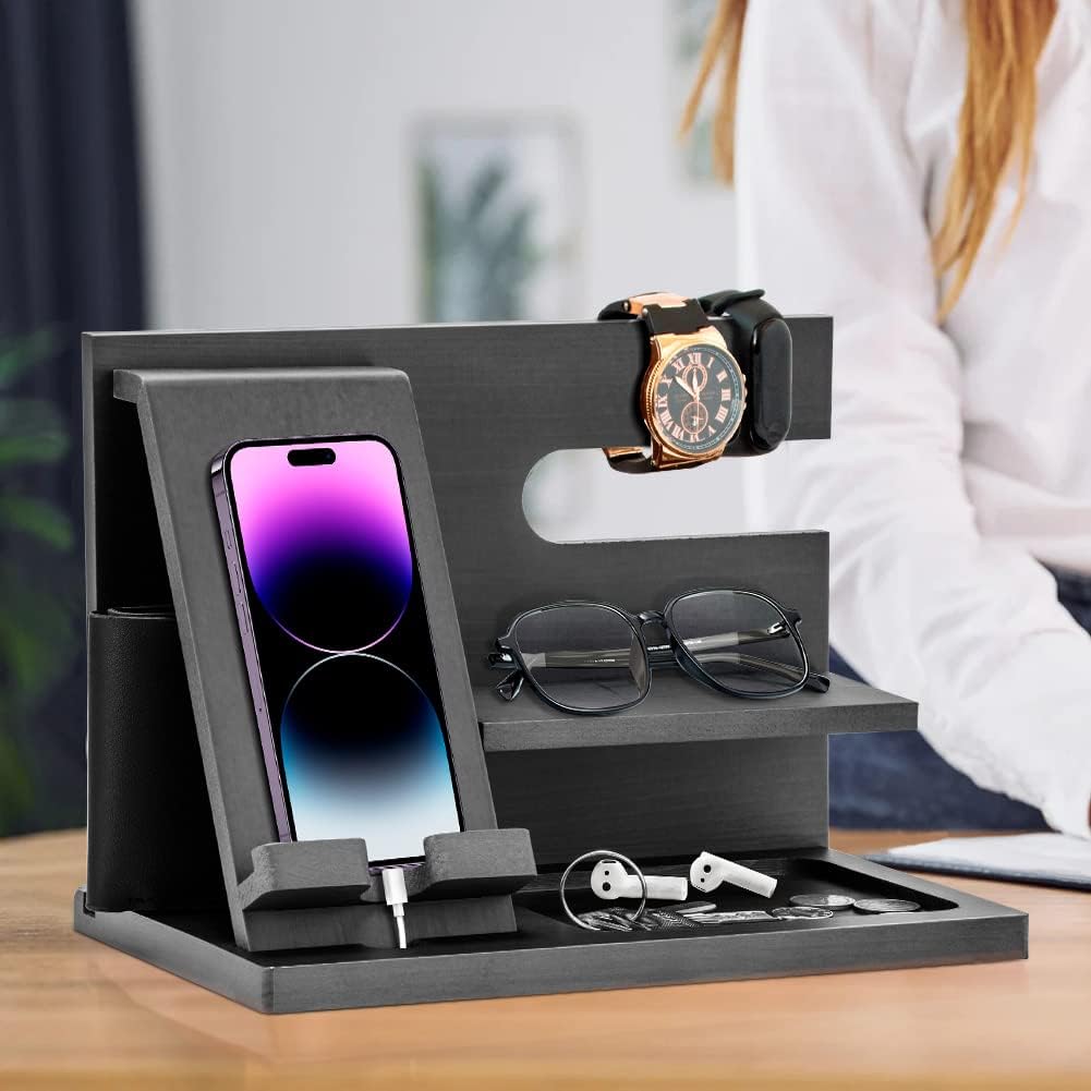 AliveByte Wood Phone Docking Station - Gifts for Men Desk or Nightstand Organizer - Birthday Gifts for Husband, Fathers