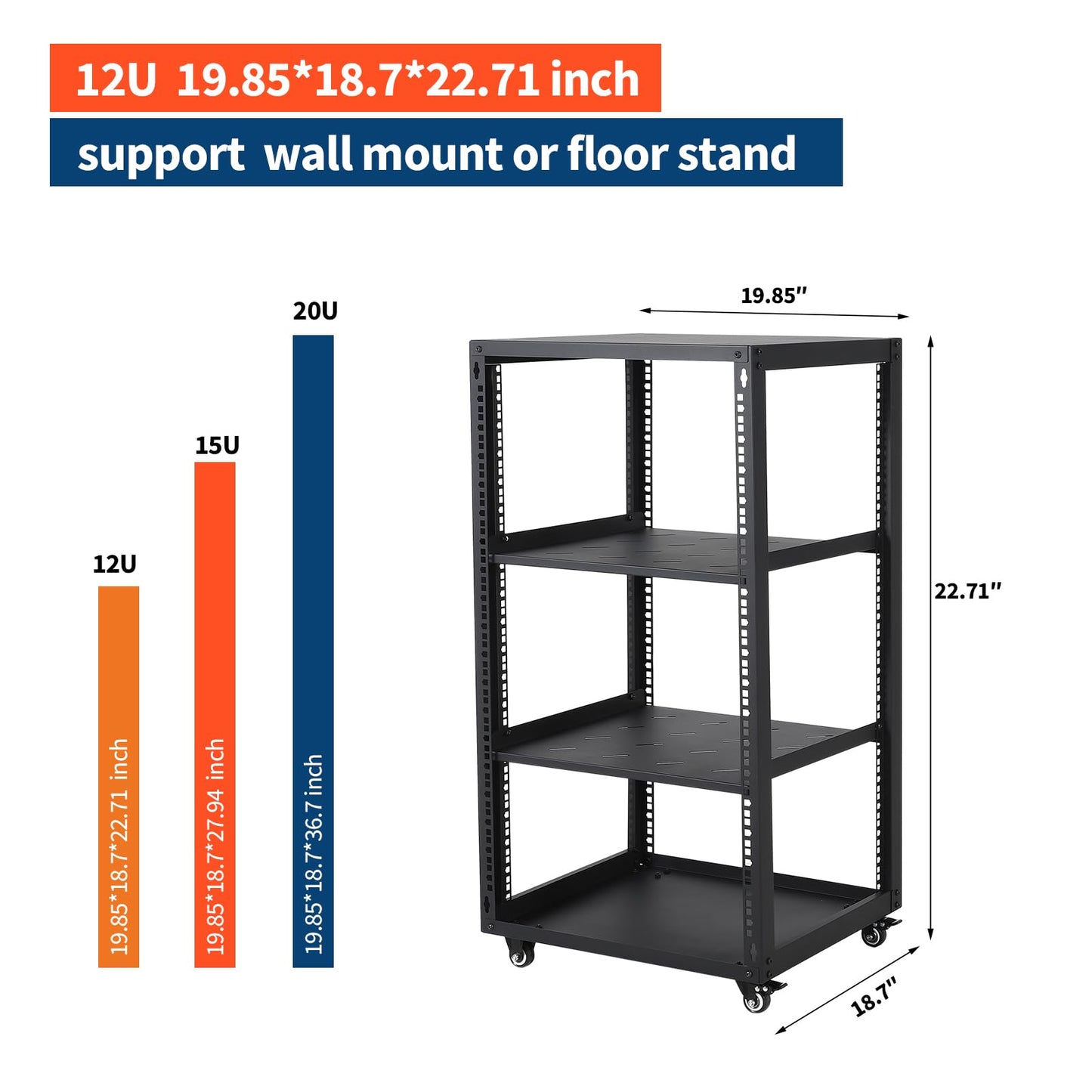 Garvee 20U Network Rack with Casters - Heavy Duty Open Frame Network/Server Rack for IT & AV Gear, Floor Standing or Wall Mounted IT Equipment Cabinet, with 2 PCS 1U Rack Shelves & Mounting