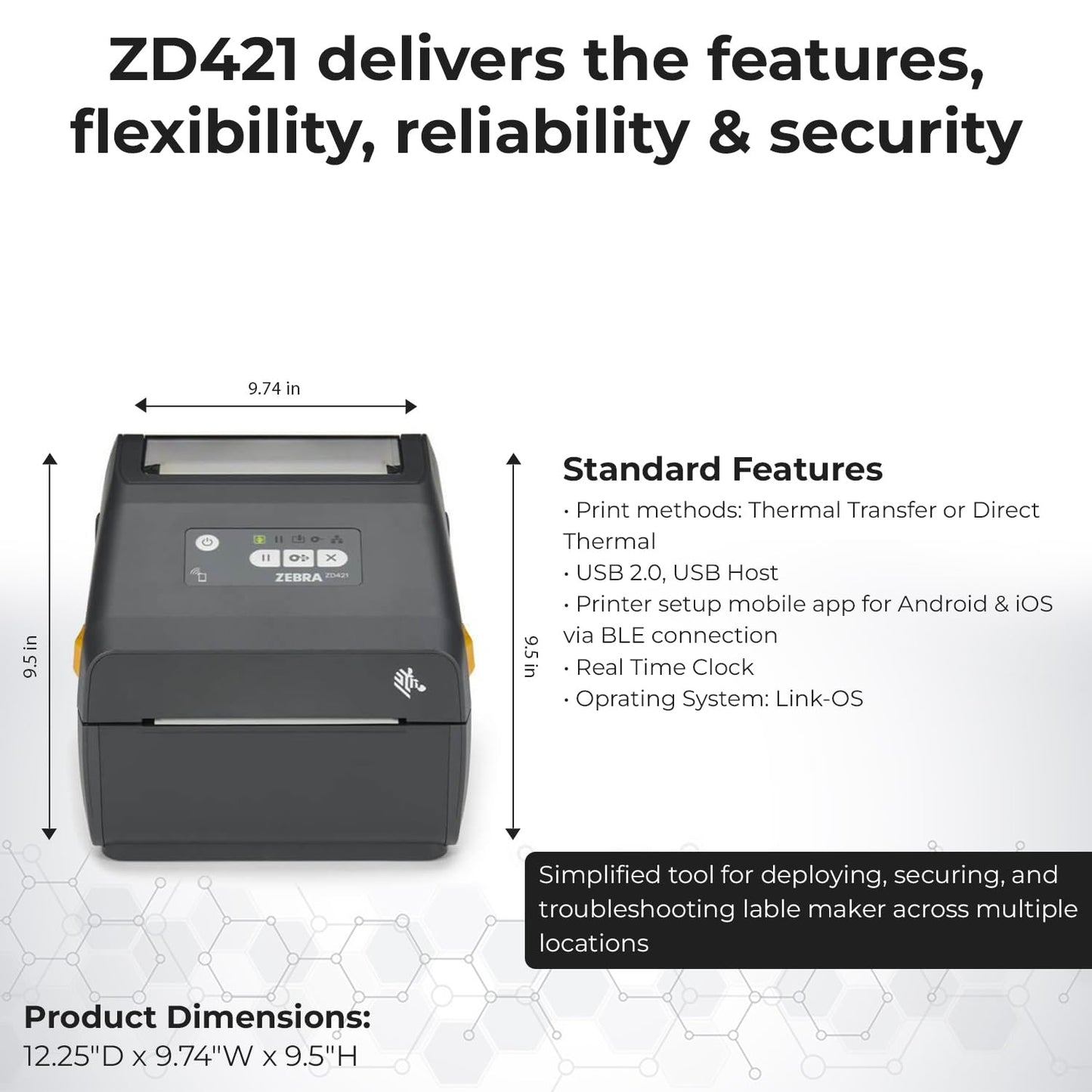 Zebra ZD421 (ZD4A042-D01M00EZ) USB/Bluetooth - Zebra GK420d Replacement, Direct Thermal Label Printer 203 dpi with 4x6 Thermal Roll + Power Adapter + USB 2.0 Cable + Microfiber Cloth Included