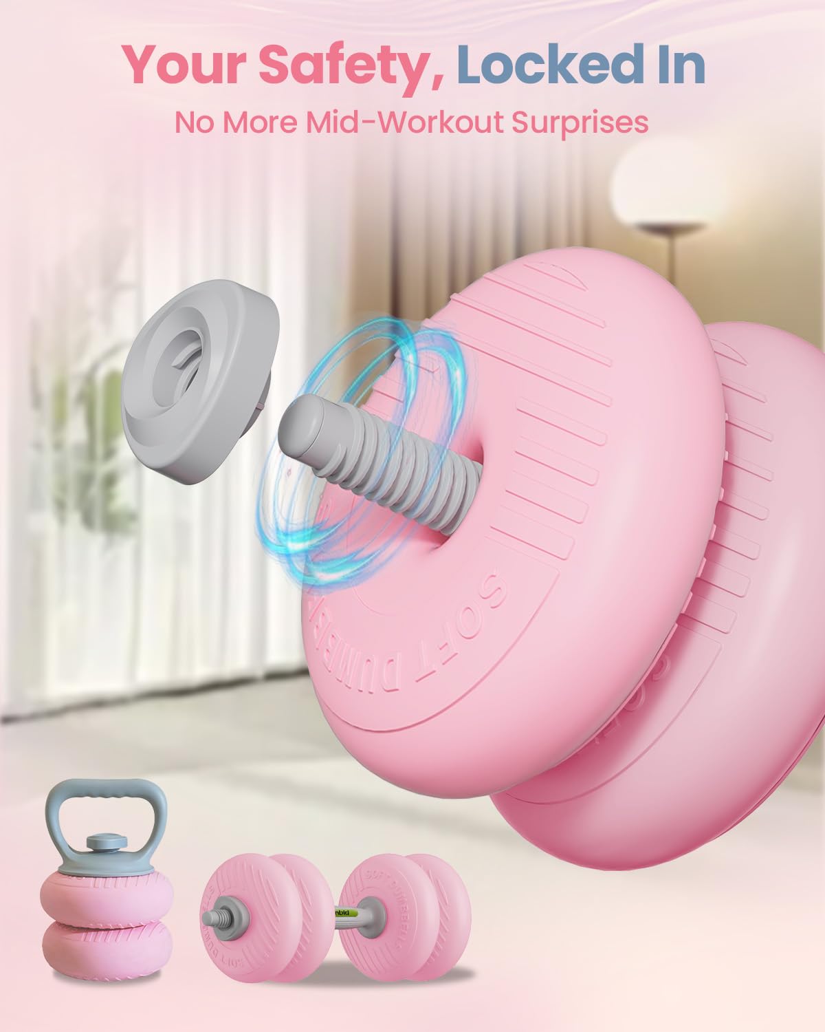 kisnbld Adjustable Dumbbell Set, 13/18/22/35LBS SoftShell Weight Set with Connector 4-IN-1 Dumbbell Set Used as to Barbell & Kettlebell for Home Gym, Fitness Exercise for Men Women Beginners, Pink