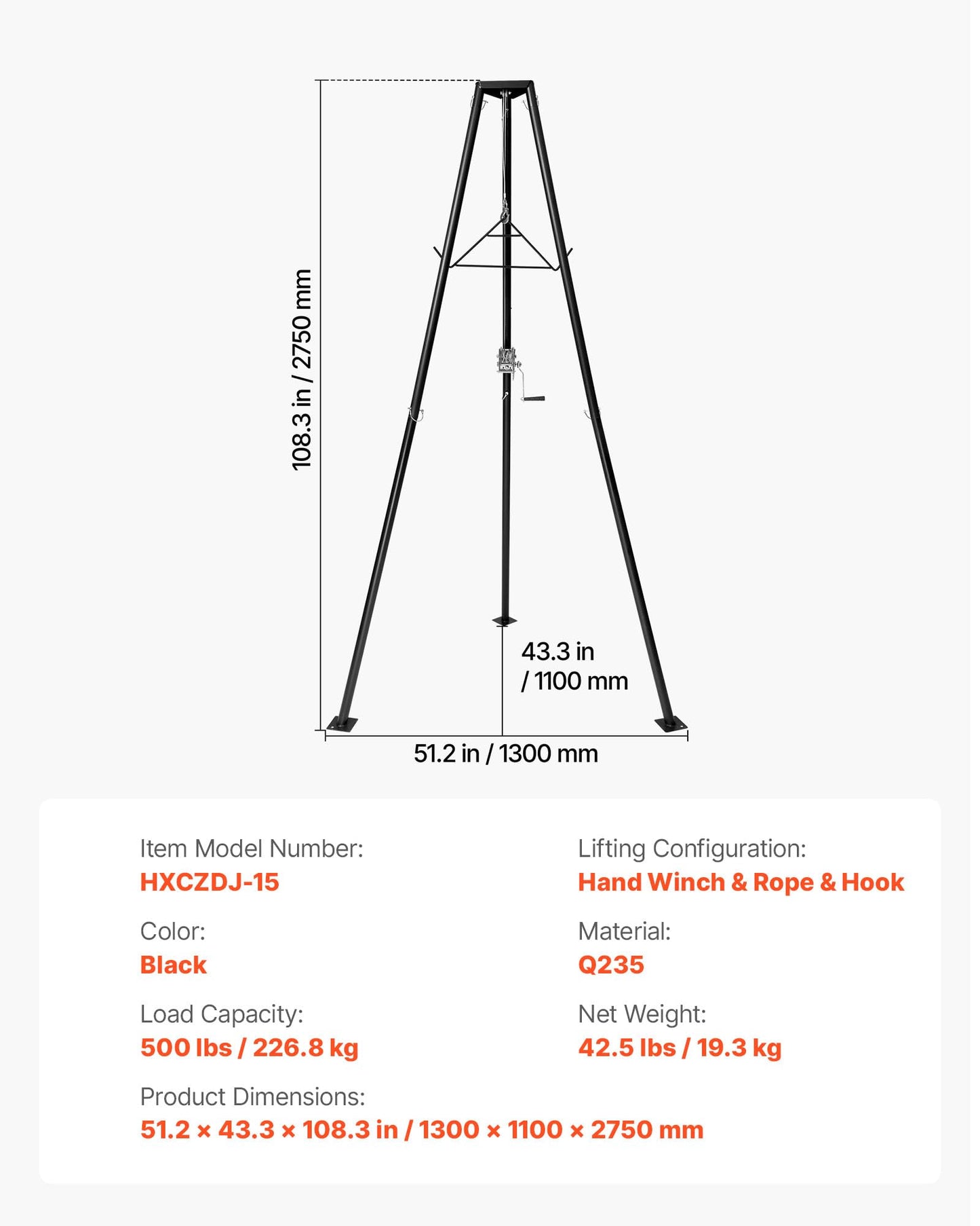 VEVOR Tripod Deer Hoist, 500 lbs Load Capacity, Hunting Game Hoist Winch Lift with Gambrel & Manual Winch, Hunting Game Skinning and Cleaning Accessory for Cleaning, Skinning, and Moving, Black