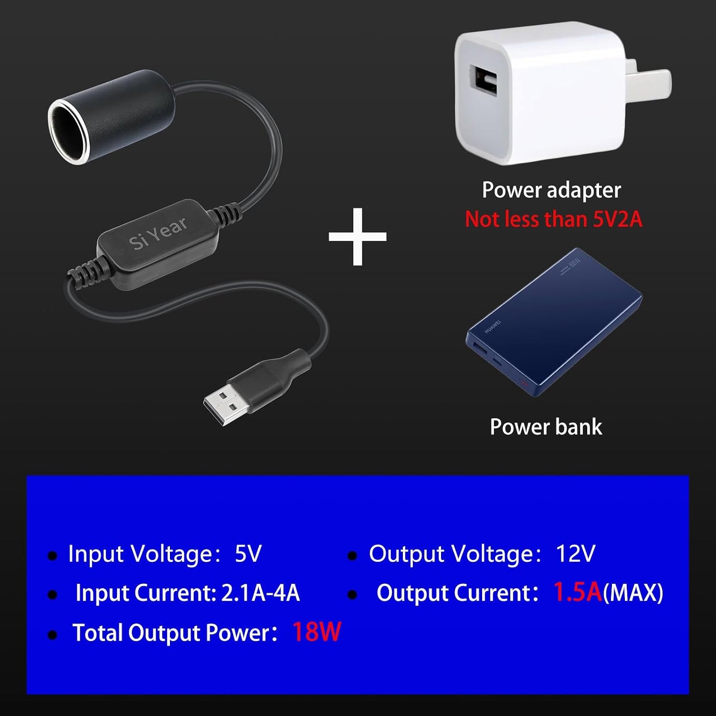 SiYear 12V 18W (0.3m/1FT) USB A Male to Cigarette Lighter Socket Adapter Power Cable for Driving Recorder, Radar