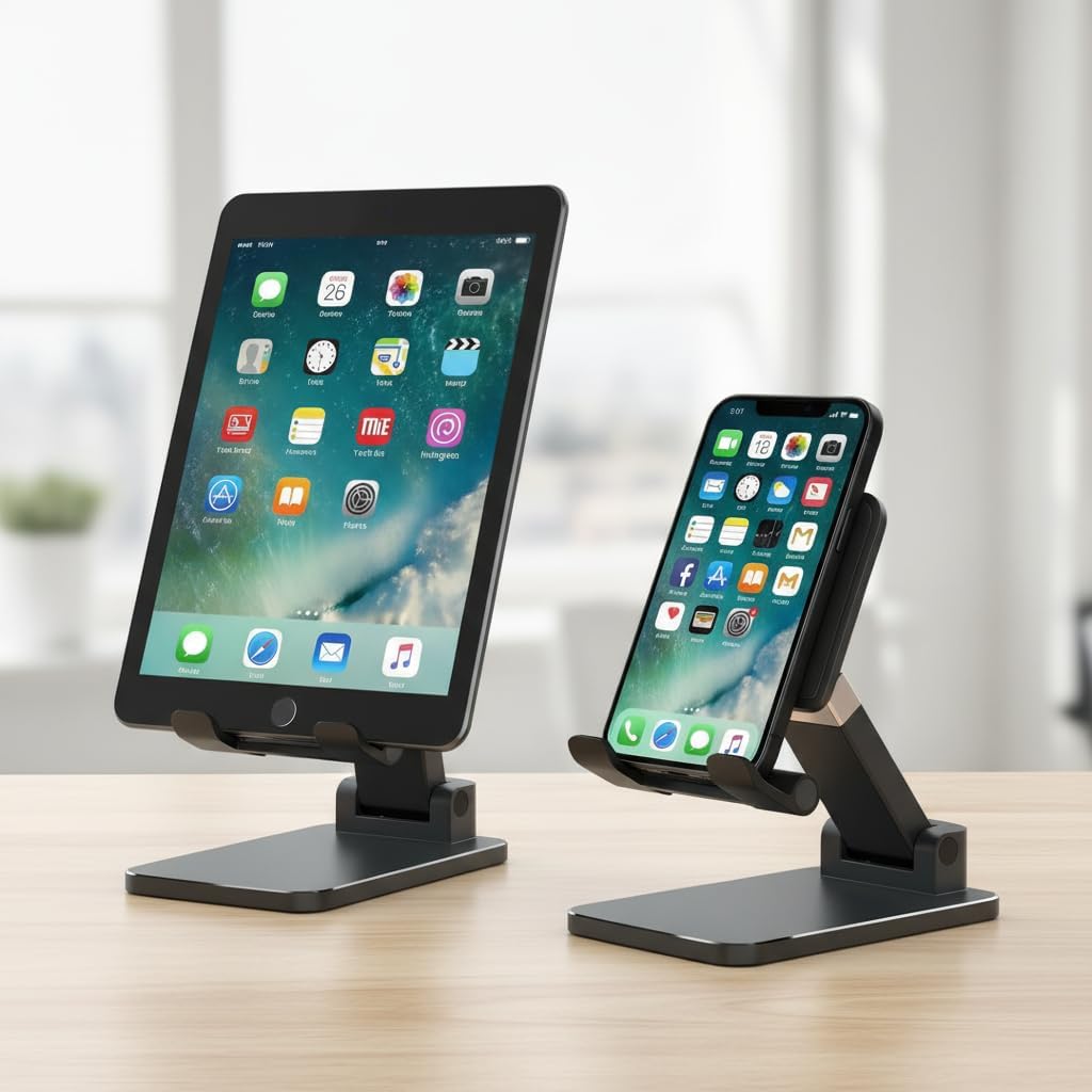 Aurasion Adjustable Phone & Tablet Stand for Desk, Foldable Holder with Stable Base and Non-Slip Design, Compatible