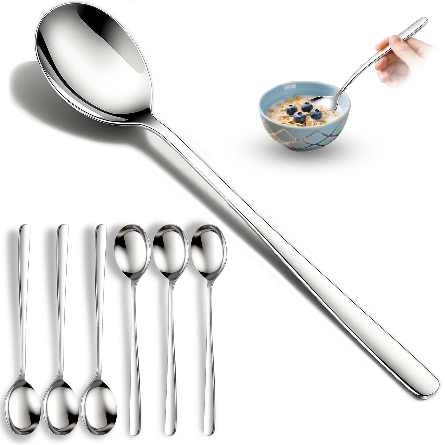Flying Leaves Set of 6 Premium Korean Soup Spoons, 8 Inch 18/10 Stainless Steel Long Handle Rice and Asian Spoon for Home, Kitchen, Restaurant, Cafe, Dishwasher Safe