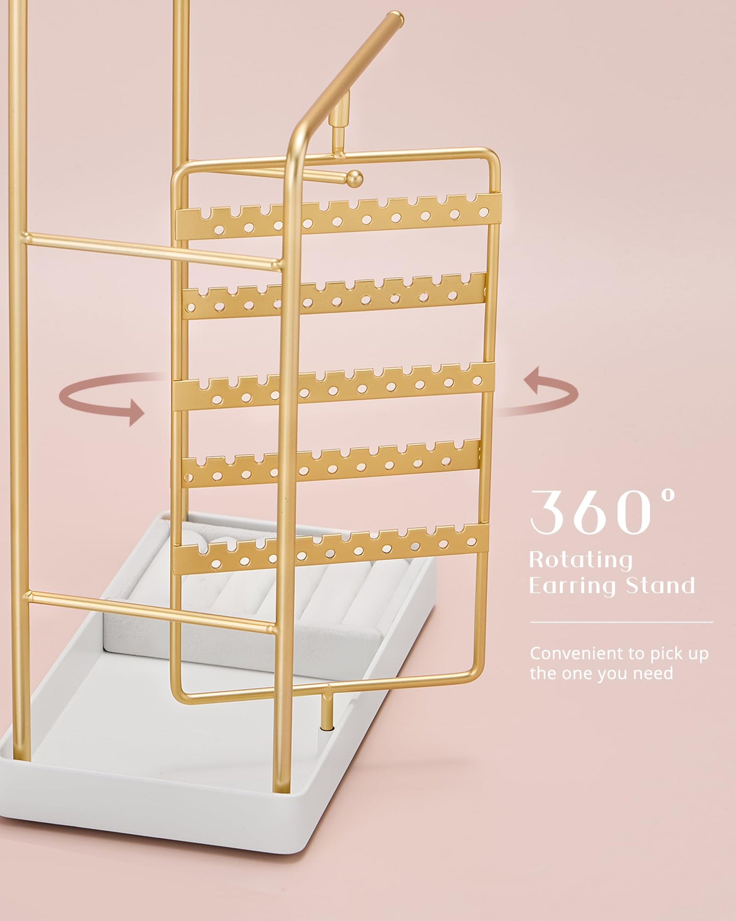 ProCase Jewelry Stand Holder Organizer, Jewelry Display Storage with Ring Tray, Rotating Earring Bracelet Necklace Holder, Valentine's Gifts Room Dorm Decor for Teen Girls -Gold (No-Assembly)