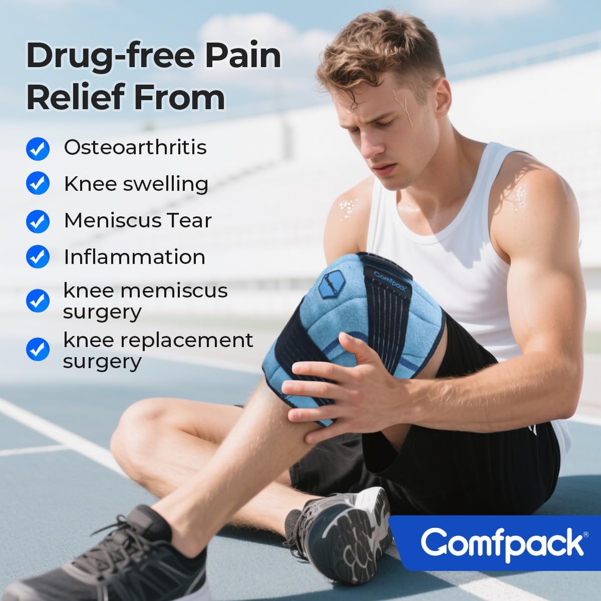 Comfpack Knee Ice Pack Wrap, 2 Hours Long Lasting Coldness Ice & Compression Therapy Flexible Ice Pack for Knee Replacement Surgery, Arthritis Pain, ACL, Swelling, Sports Injuries(23" × 10.3")