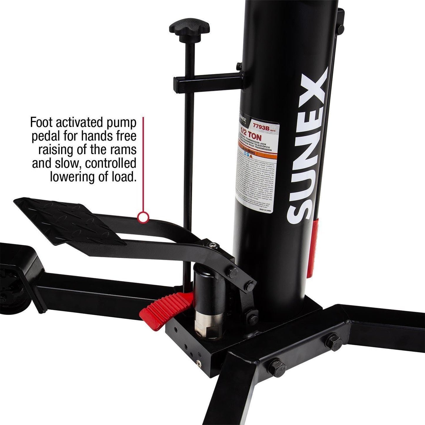 Sunex Tools 7793B 1,000 lb Telescopic Transmission Jack, Hydraulic, Foot Pump Operated, Tilt Saddle with Chain Tie-Down, 74.2 in Max Height