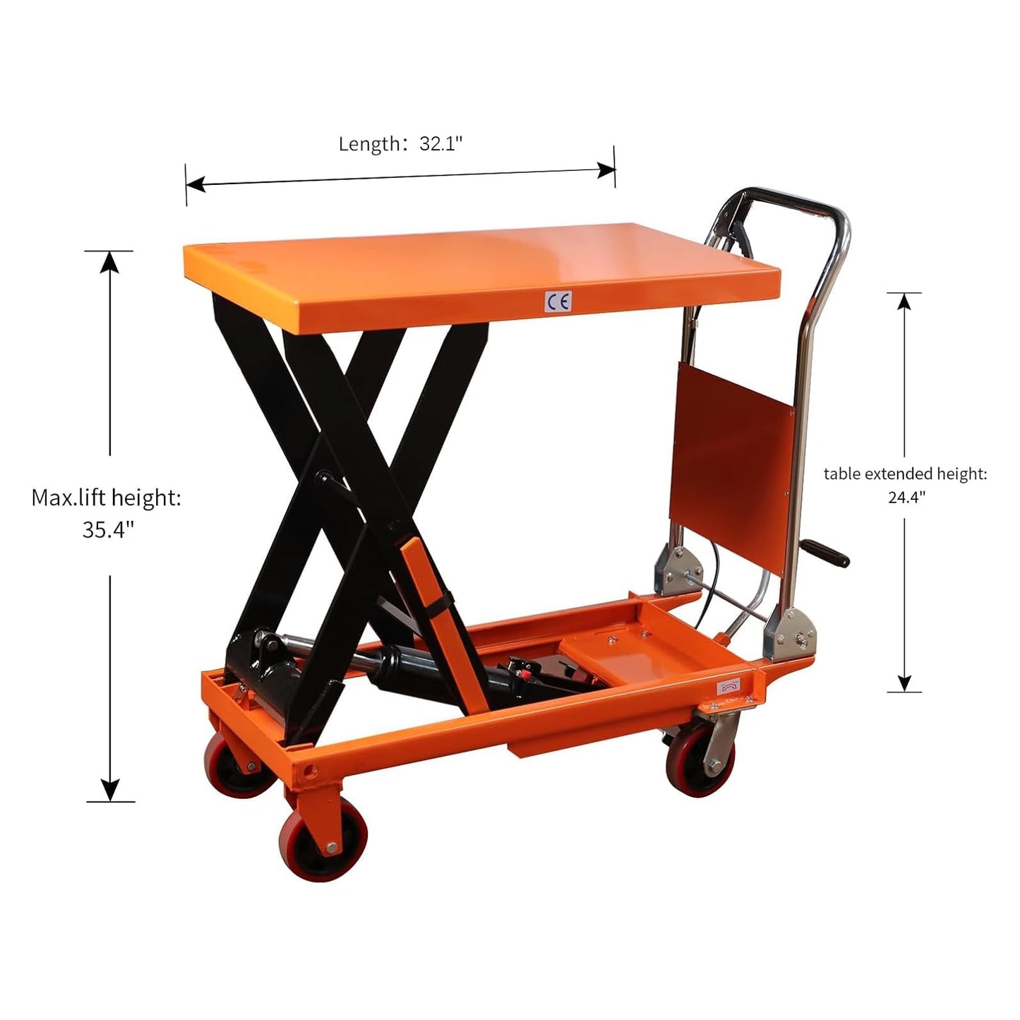 APOLLOLIFT Hydraulic Lift Table, 1100lbs Capacity 35.4" Lifting Height, Single Scissor Lift Table Cart with 4 Wheels and Safety Back Guard for Material Handling and Transportation, Orange