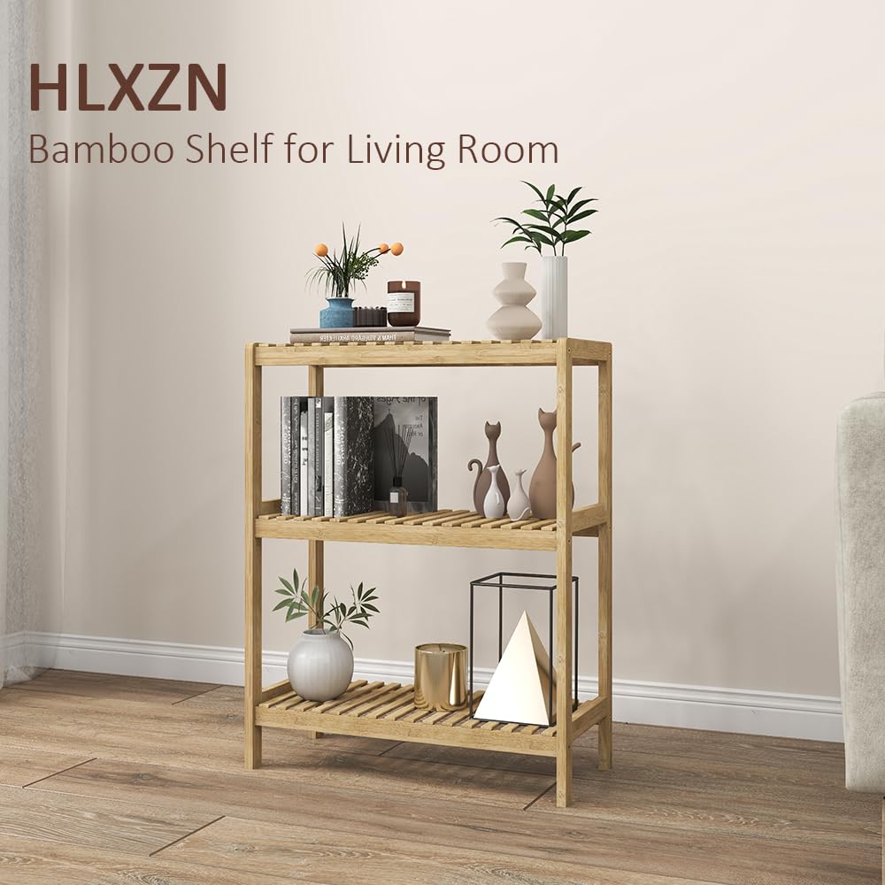 HLXZN 3-Tier Bamboo Freestanding Shelf Unit, Multifunctional Small Bookshelf Bookcase for Bathroom, Kitchen, Living Room, Office