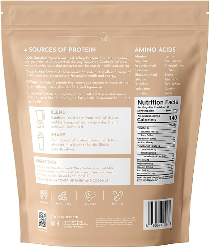 JUST INGREDIENTS Snickerdoodle Protein Powder ??30-Serving Blend with 100% Grass-Fed Whey & Organic Plant Proteins ??Cinnamon & Vanilla Flavor ??Supports Muscle Recovery, Energy*