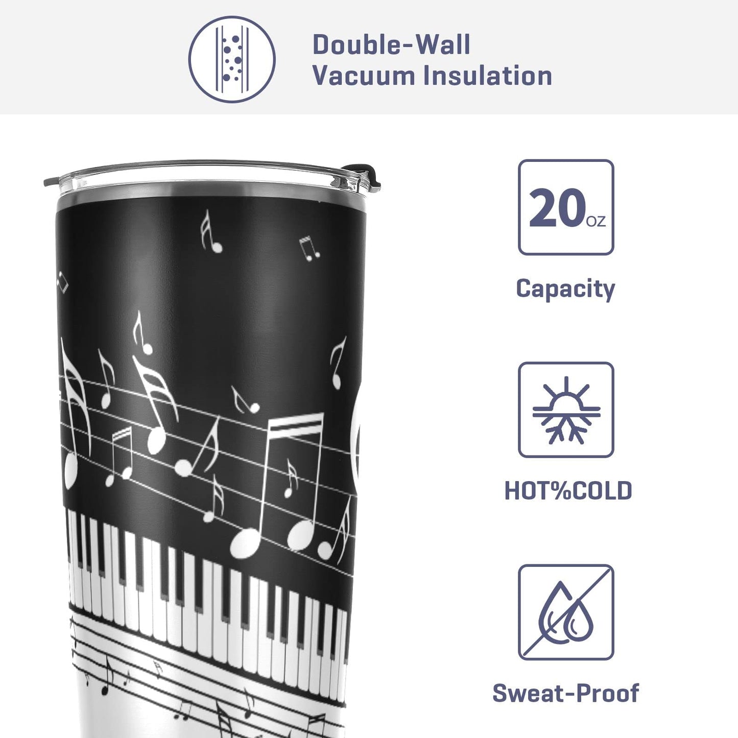 Selerdon 20 oz Piano Keys Music Note Insulated Tumbler Coffee Mug Double Wall Vacuum Travel Mug with Straw and Lid Stainless Steel