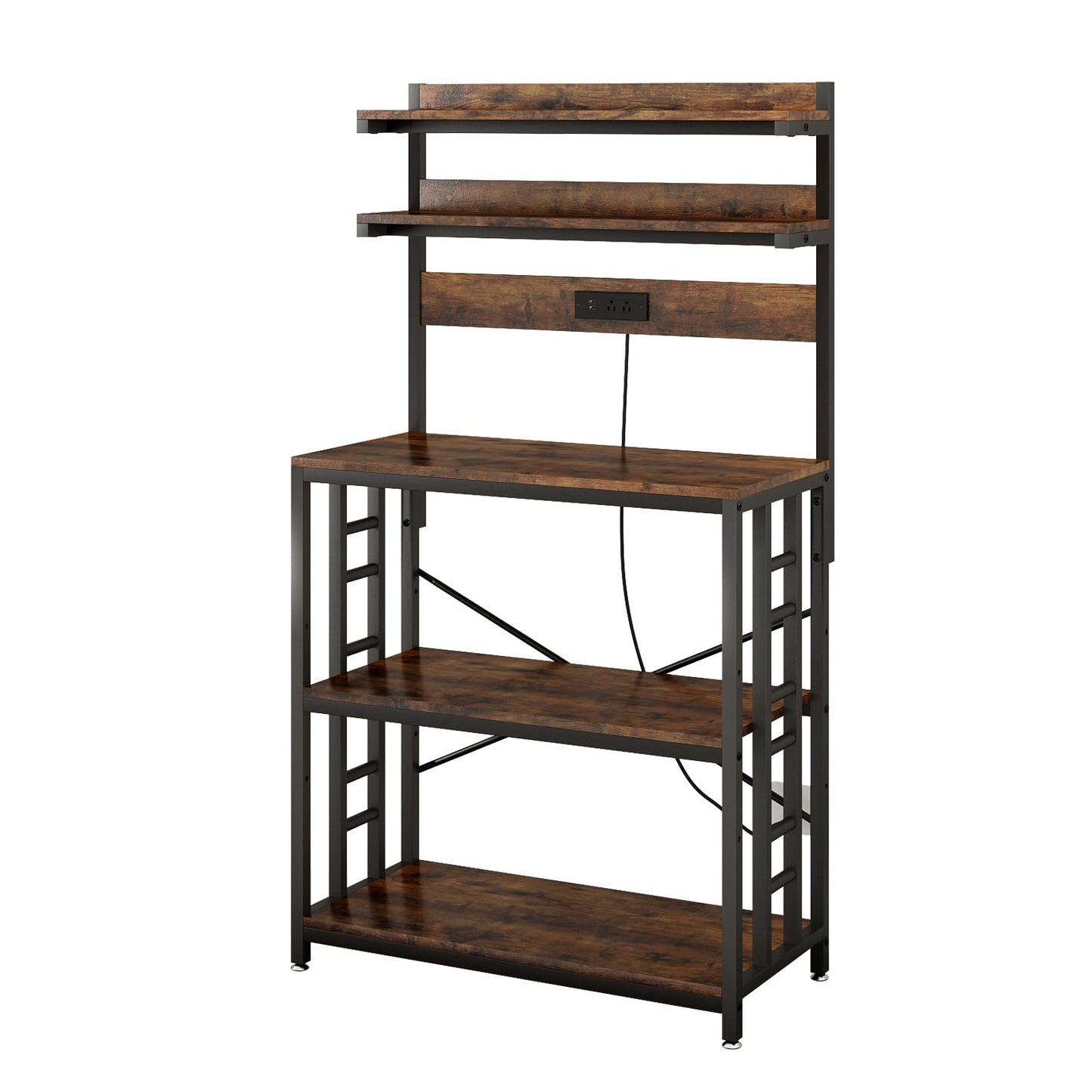 METYERRY Adjustable Bakers Rack with Power Outlet,Coffee Bar Station with Led Lights,Microwave Stand with Storage,5-Tier Kitchen Shelf,Kitchen Storage Rack for Spices, Pots and Pans,Rustic Brown